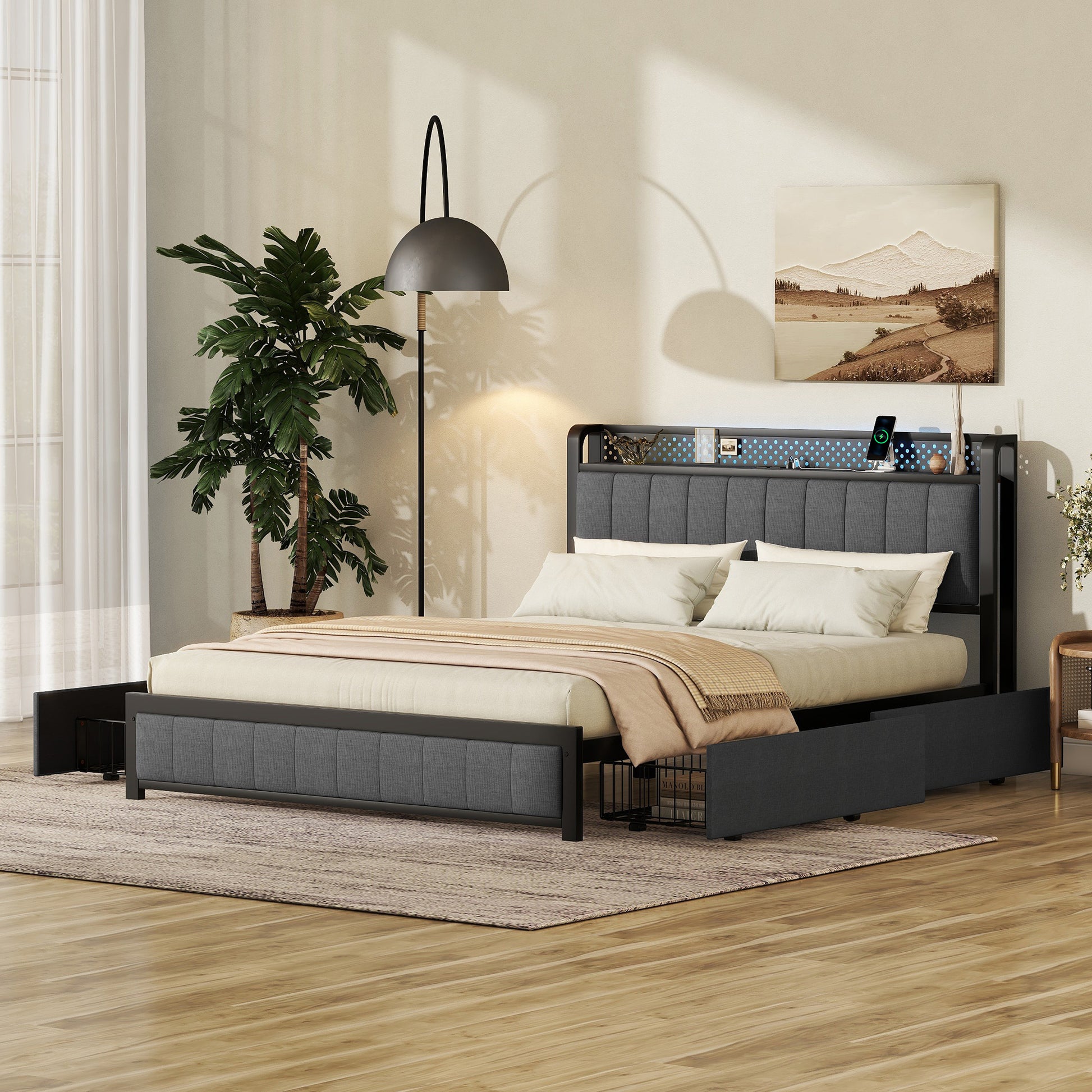 Queen Bed Frame With Led Headboard, Upholstered Bed With 4 Storage Drawers And Usb Ports, Dark Grey Queen Dark Gray Linen