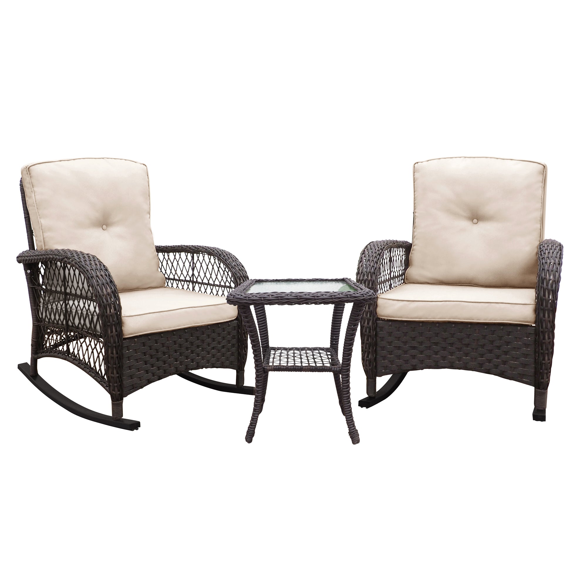 3 Pieces Conversation Set, Outdoor Wicker Rocker Patio Bistro Set, Rocking Chair With Glass Top Side Table Yes Complete Patio Set Brown Rust Resistant Frame Water Resistant Cushion Garden & Outdoor Classic Complete Patio Sets Metal Metal