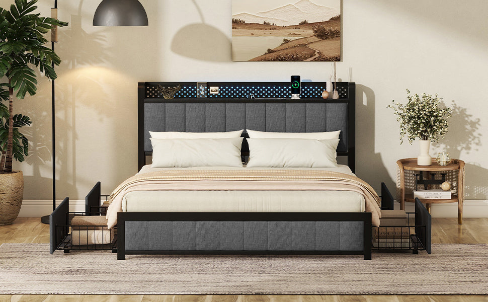 Queen Bed Frame With Led Headboard, Upholstered Bed With 4 Storage Drawers And Usb Ports, Dark Grey Queen Dark Gray Linen