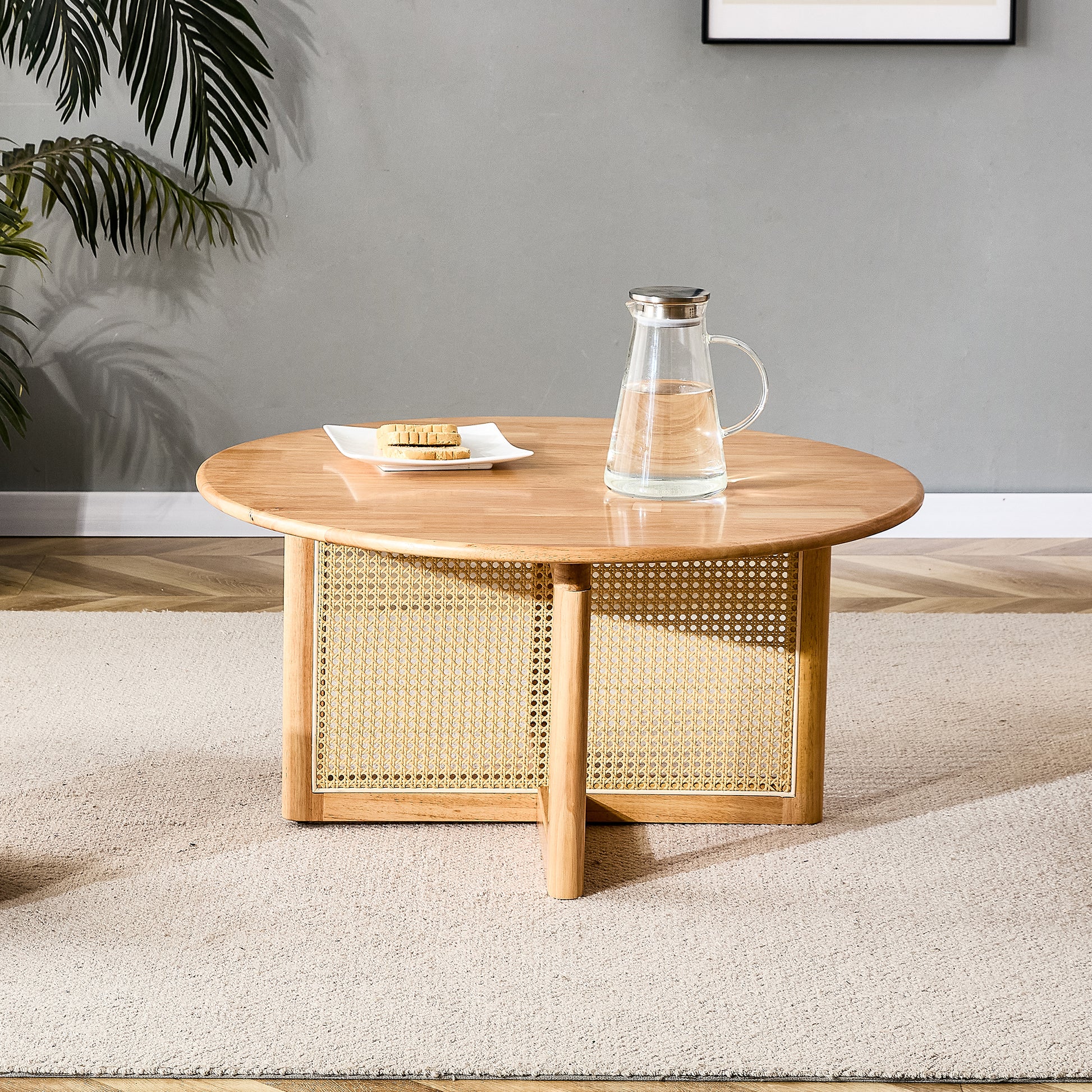 Naturally Elegant Wooden Coffee Table With Faux Rattan Accents Perfect For Stylish Living Rooms And Cozy Tea Time Natural Wood Wood