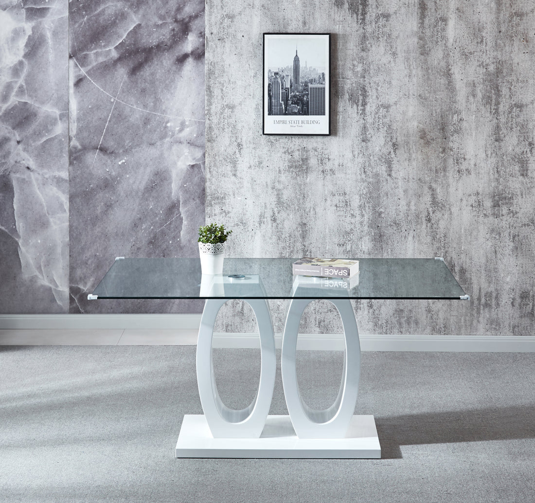 Contemporary Double Pedestal Dining Table, Tempered Glass Top With Mdf Base White Tempered Glass