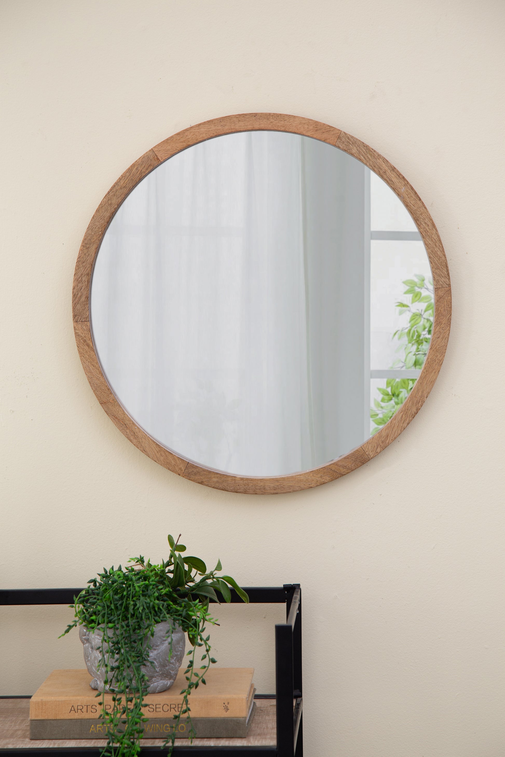 20" x 20" Circle Wall Mirror with Wooden Frame, Wall brown-wood+glass