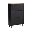 Narrow Design Shoe Cabinet With 3 Flip Drawers, Wood Grain Pattern Top Entryway Organizer With 3 Hooks, Free Standing Shoe Rack With Adjustable Panel For Hallway, Black Freestanding 3 4 Drawers Black Primary Living Space Shelves Included Particle Board