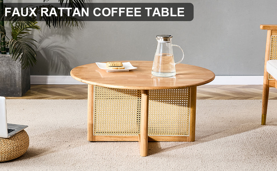Naturally Elegant Wooden Coffee Table With Faux Rattan Accents Perfect For Stylish Living Rooms And Cozy Tea Time Natural Wood Wood