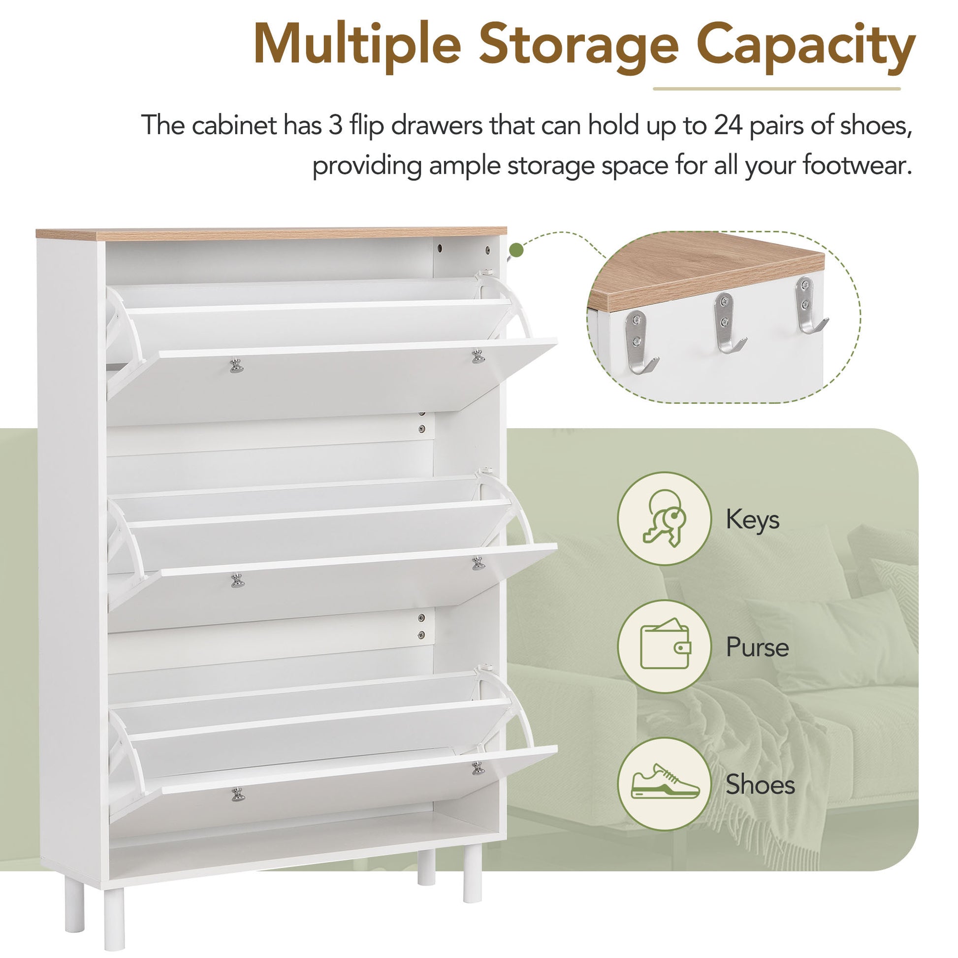 Narrow Design Shoe Cabinet With 3 Flip Drawers, Wood Grain Pattern Top Entryway Organizer With 3 Hooks, Free Standing Shoe Rack With Adjustable Panel For Hallway, White Freestanding 3 4 Drawers White Primary Living Space Shelves Included Particle Board