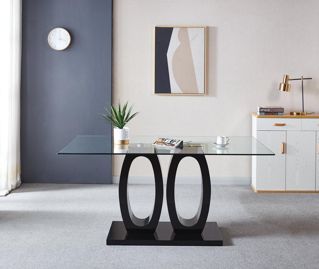 Contemporary Double Pedestal Dining Table, Tempered Glass Top With Mdf Base Black Tempered Glass