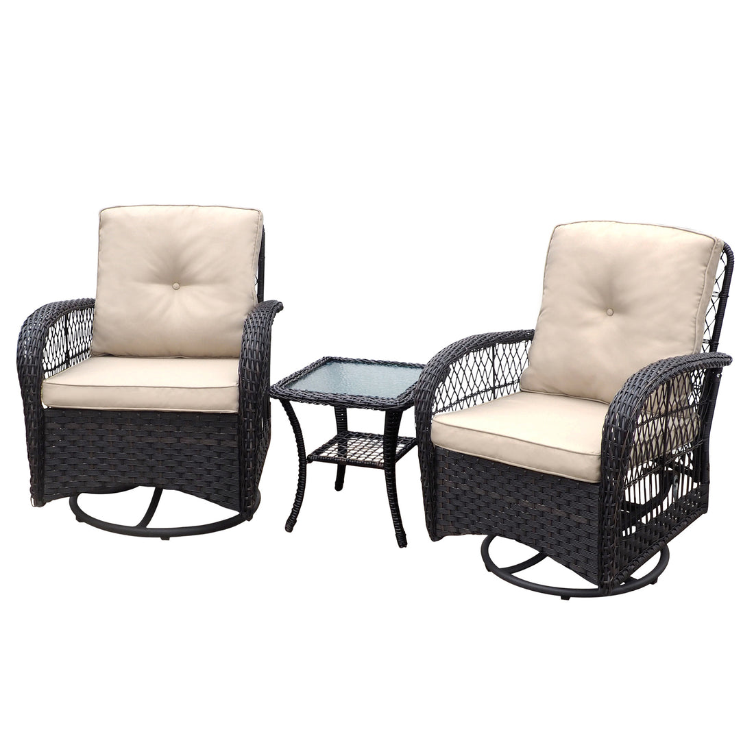 3 Pieces Conversation Set, Outdoor Wicker Rocker Swivel Patio Bistro Set, Rocking Chair With Glass Top Side Table,Khaki Yes Complete Patio Set Brown Rust Resistant Frame Water Resistant Cushion Garden & Outdoor Classic Complete Patio Sets Metal Metal