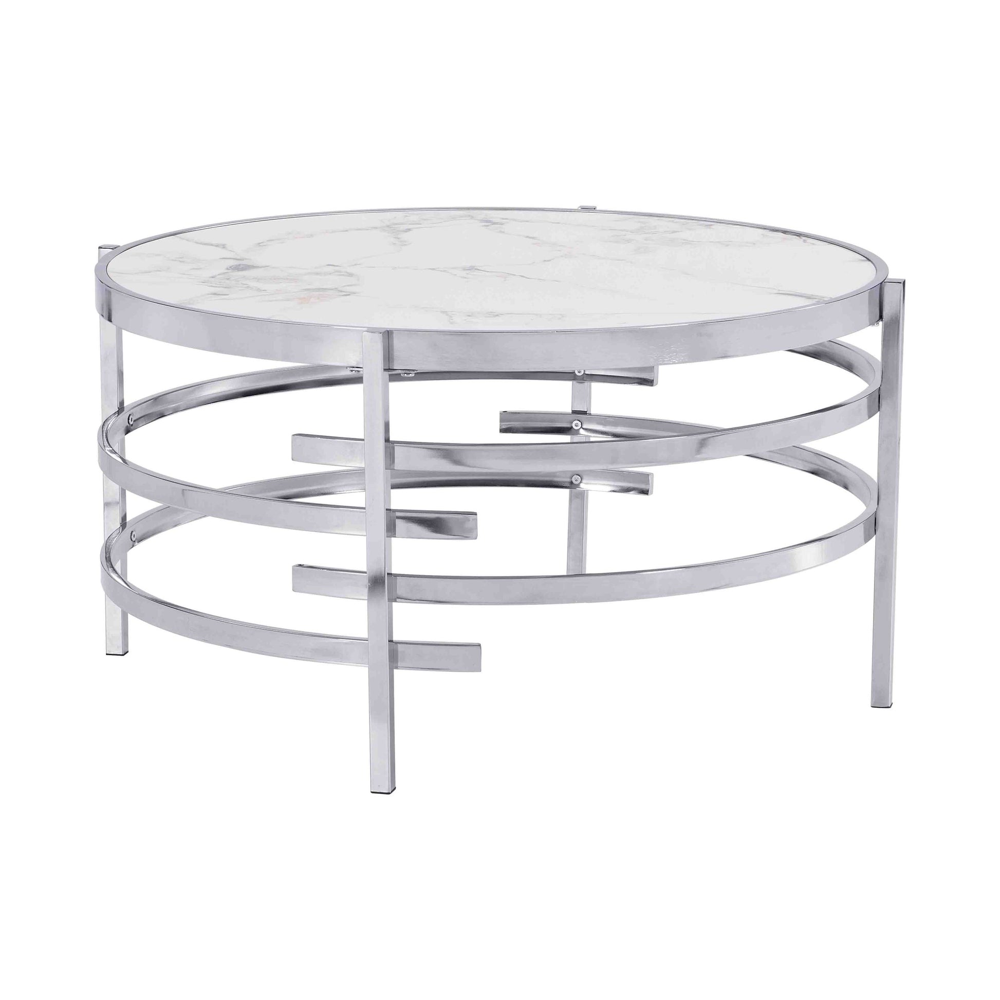 32.48'' Chrome Round Coffee Table With Sintered Stone Top&Sturdy Metal Frame, Modern Coffee Table For Living Room, Silver Silver Iron