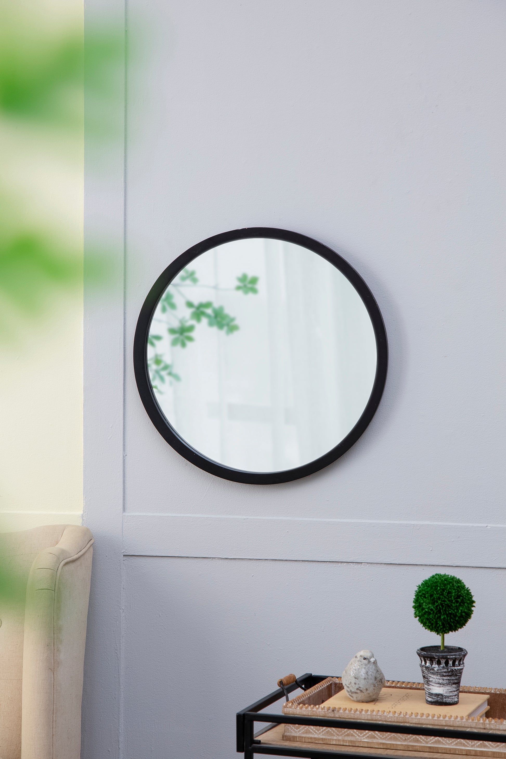 20" x 20" Circle Wall Mirror with Wooden Frame and black-wood+glass