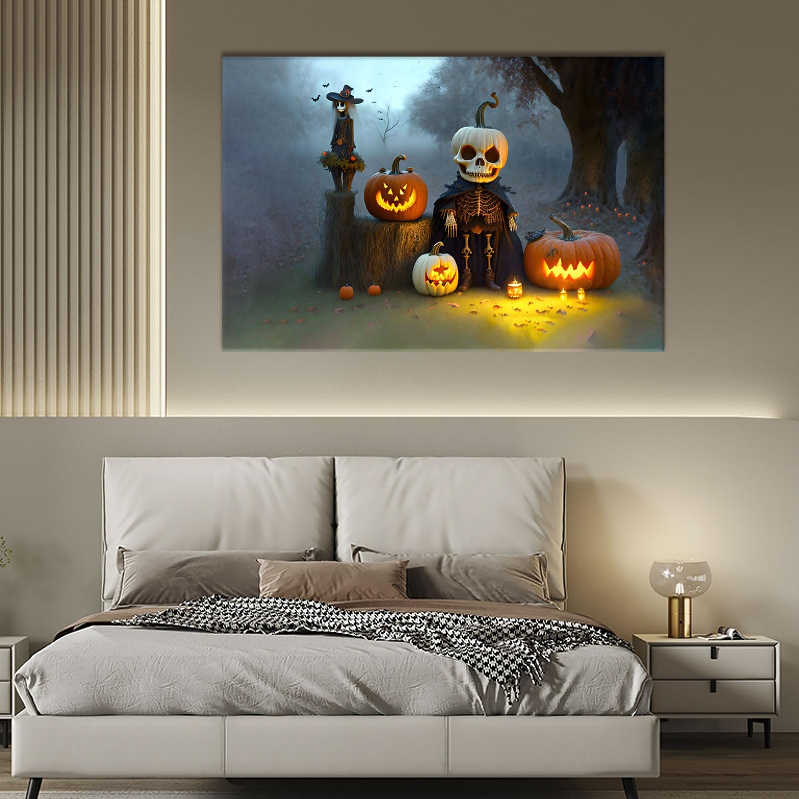 1Pcs Drop Ping Framed Canvas Wall Art Decor Painting For Halloween, Skeleton With Jack O Lanterns Painting For Halloween Gift,4028In Thickness 1.5Inch Multicolor Canvas