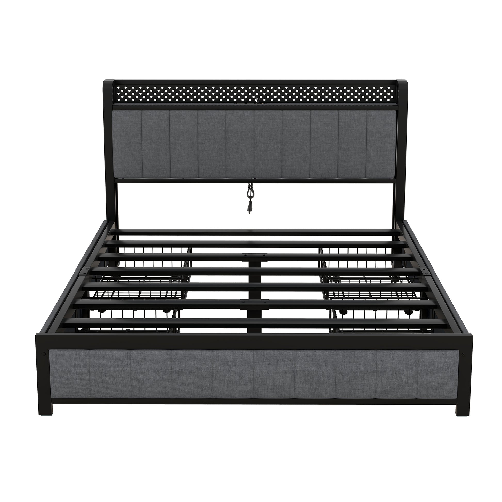 Queen Bed Frame With Led Headboard, Upholstered Bed With 4 Storage Drawers And Usb Ports, Dark Grey Queen Dark Gray Linen