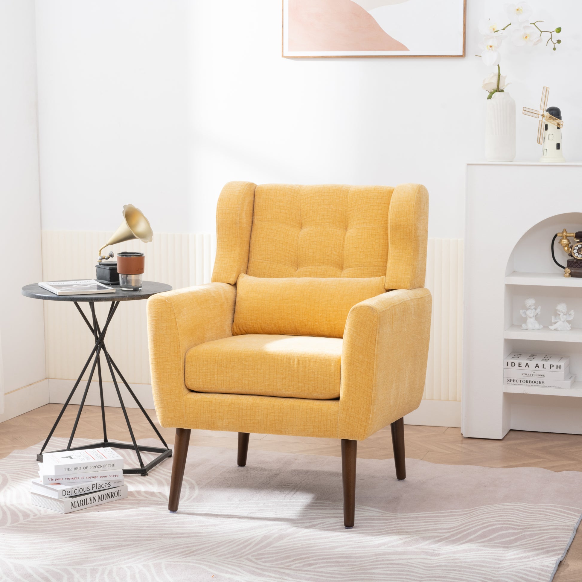 Modern Accent Chair Upholstered Foam Filled Living Room Chairs Comfy Reading Chair Mid Century Modern Chair With Chenille Fabric Lounge Arm Chairs Armchair For Living Room Bedroom Yellow Yellow Light Brown Primary Living Space Modern Rubberwood Foam