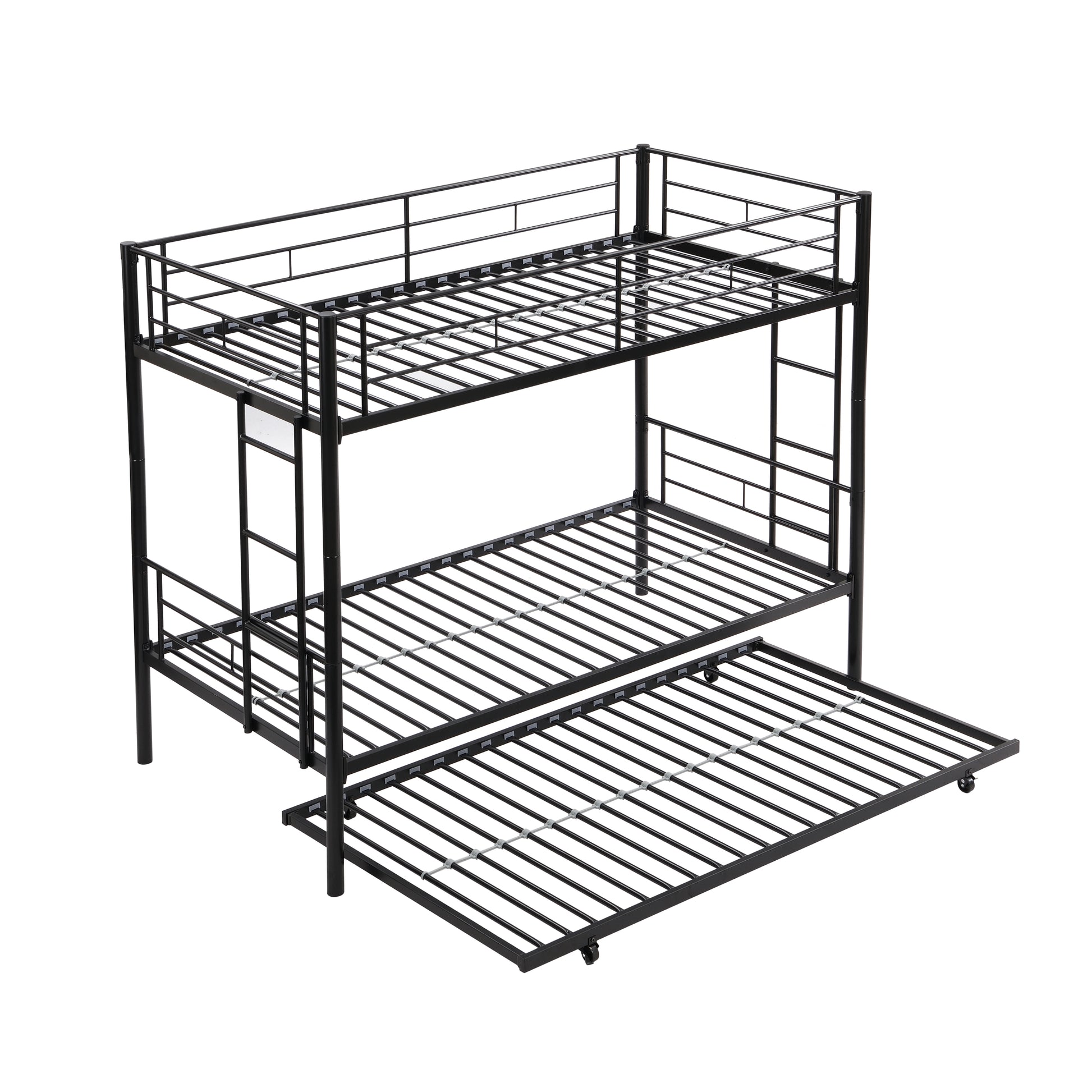 Over Twin Bunk Bed Frame With Trundle,Metal Bunkbed With Sturdy Guard Rail And 2 Sideladders For Kids Adults,Can Be Divided Into Two Beds, No Box Spring Needed, Noise Free For Dorm,Black Box Spring