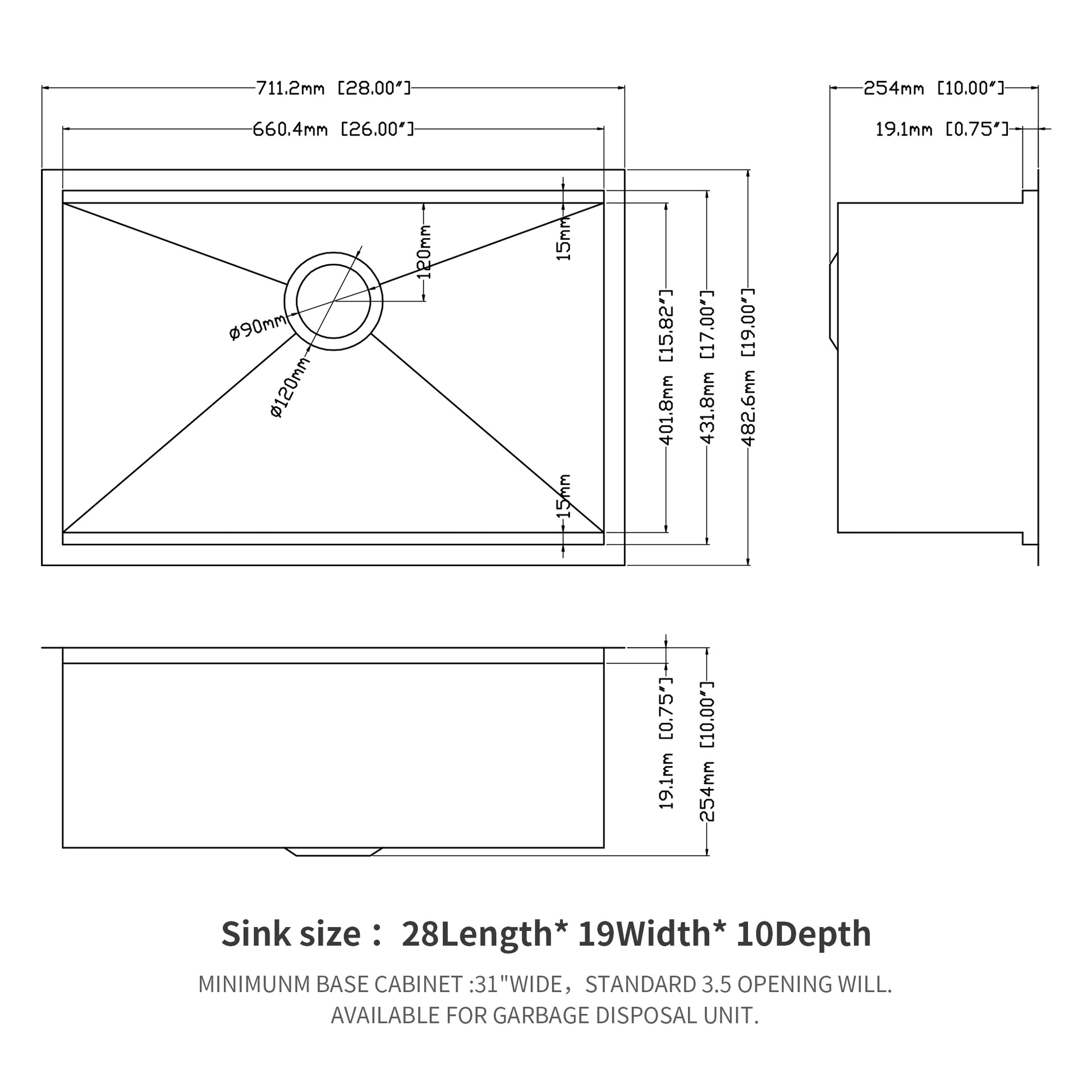 Single Bowl Undermount Workstation Kitchen Sink 28"X19"X 10" Inch 16 Gauge Stainless Steel Deep Sink Brushed Nickel Stainless Steel