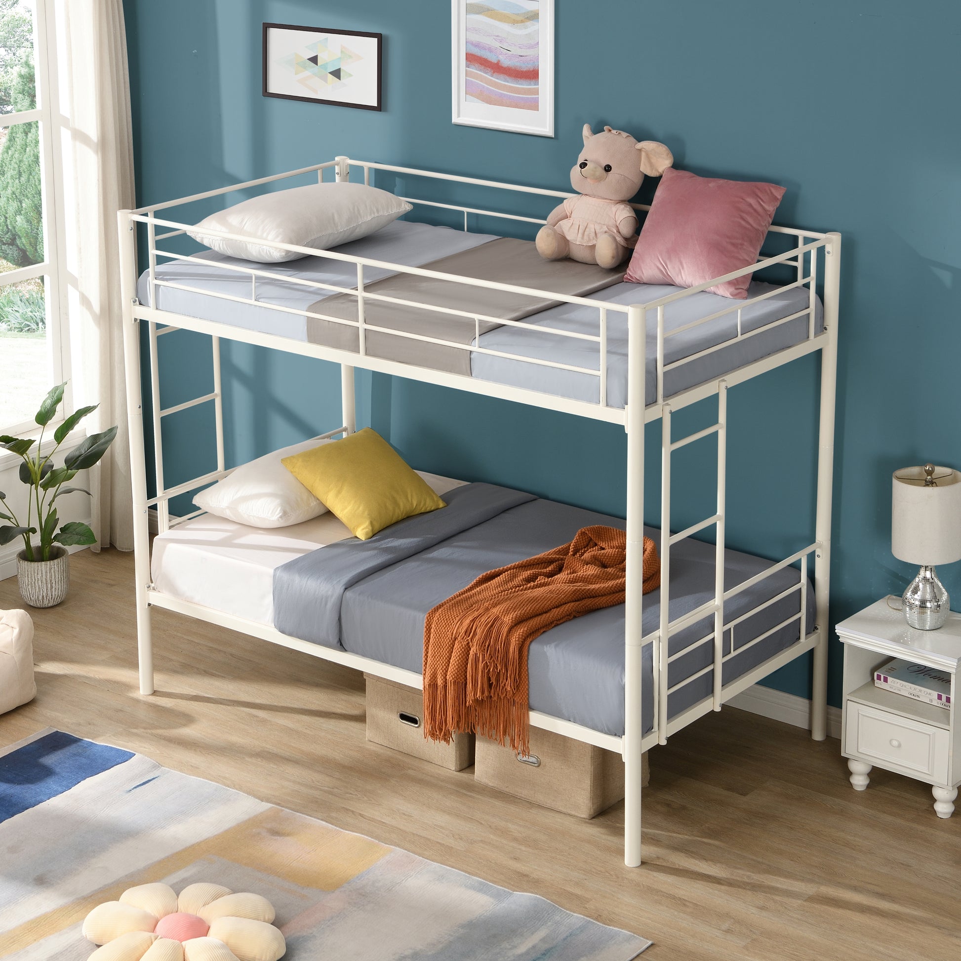 Twin Over Twin Metal Bunk Bed,Metal Structure Bedframe With Safety Guardrails And 2 Ladders,Convertible Bunkbeds,No Spring Box Required And Space Saving Design,White Box Spring Not Required Twin