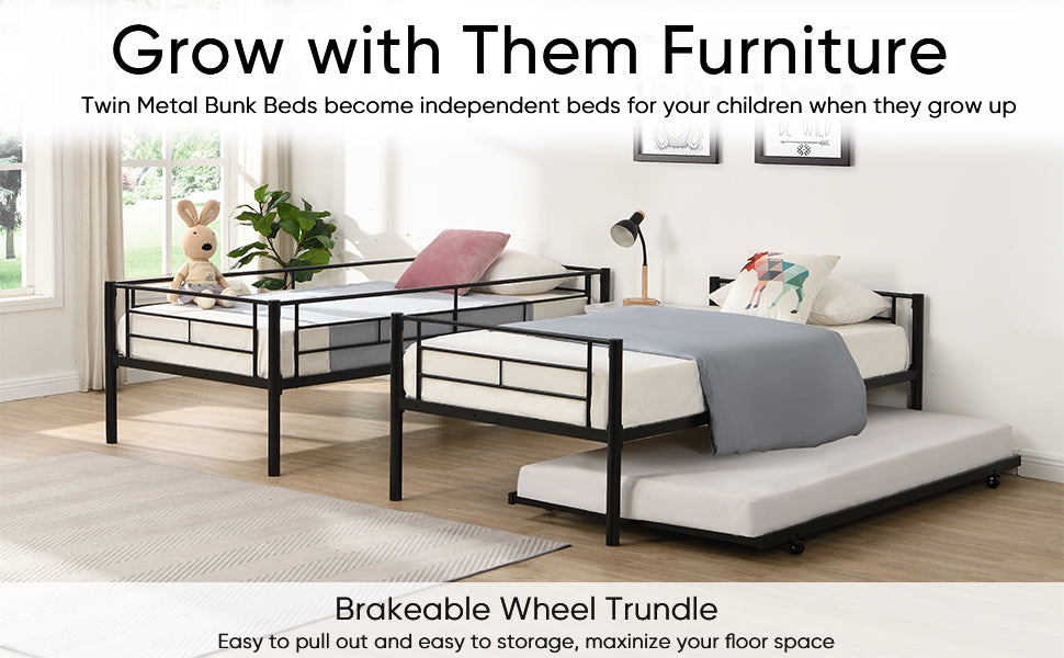 Over Twin Bunk Bed Frame With Trundle,Metal Bunkbed With Sturdy Guard Rail And 2 Sideladders For Kids Adults,Can Be Divided Into Two Beds, No Box Spring Needed, Noise Free For Dorm,Black Box Spring