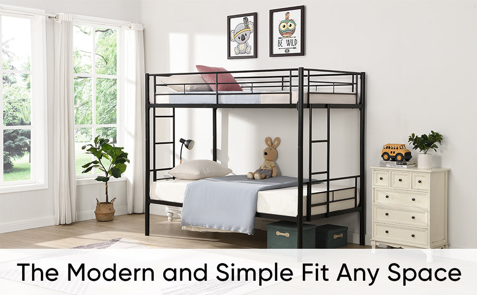 Bunk Bed Twin Over Twin Size With 2 Ladders And Full Length Guardrail, Metal, Storage Space, No Box Spring Needed, Noise Free, Black Box Spring Not Required Twin Black Metal Bedroom Industrial Bunk Metal