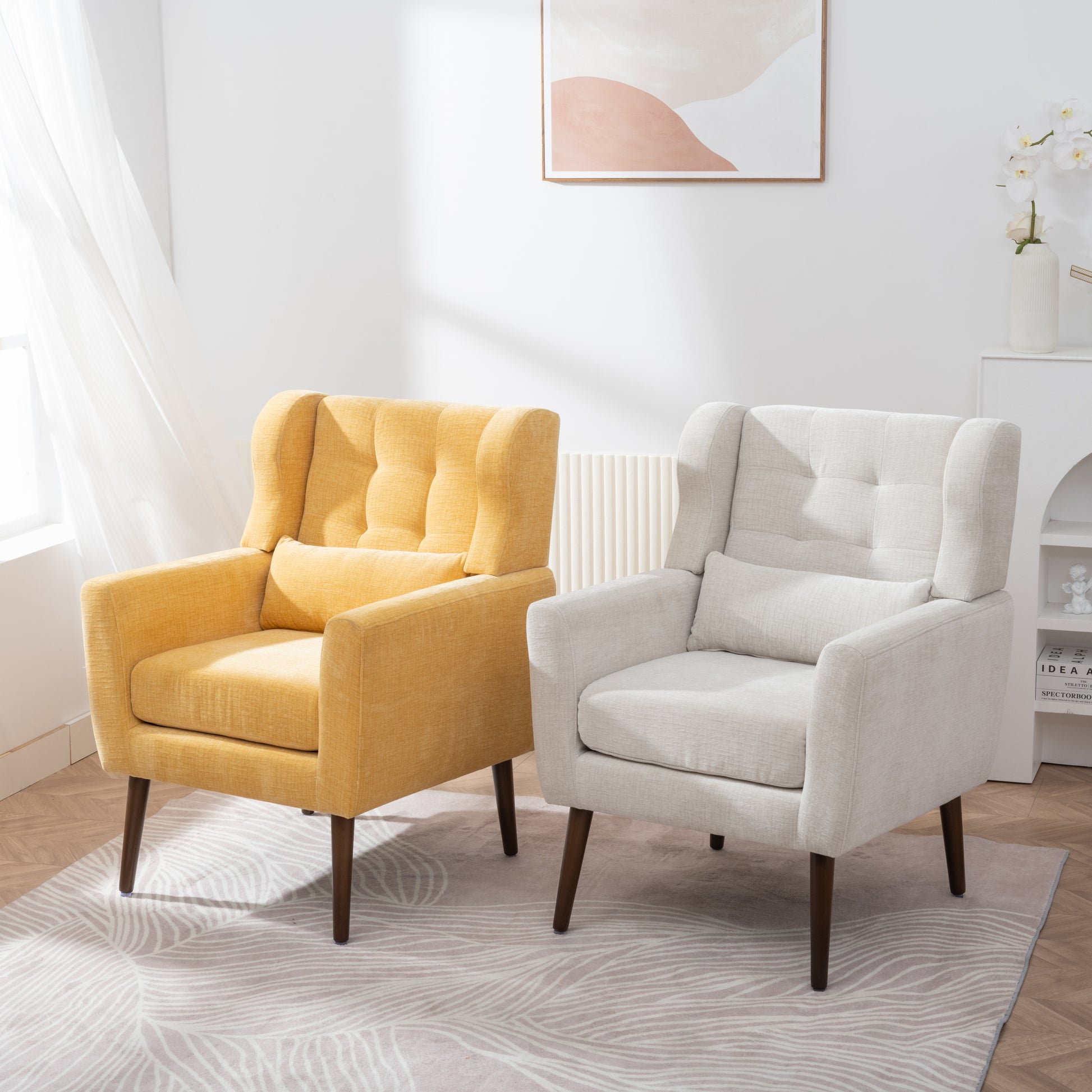Modern Accent Chair Upholstered Foam Filled Living Room Chairs Comfy Reading Chair Mid Century Modern Chair With Chenille Fabric Lounge Arm Chairs Armchair For Living Room Bedroom Yellow Yellow Light Brown Primary Living Space Modern Rubberwood Foam