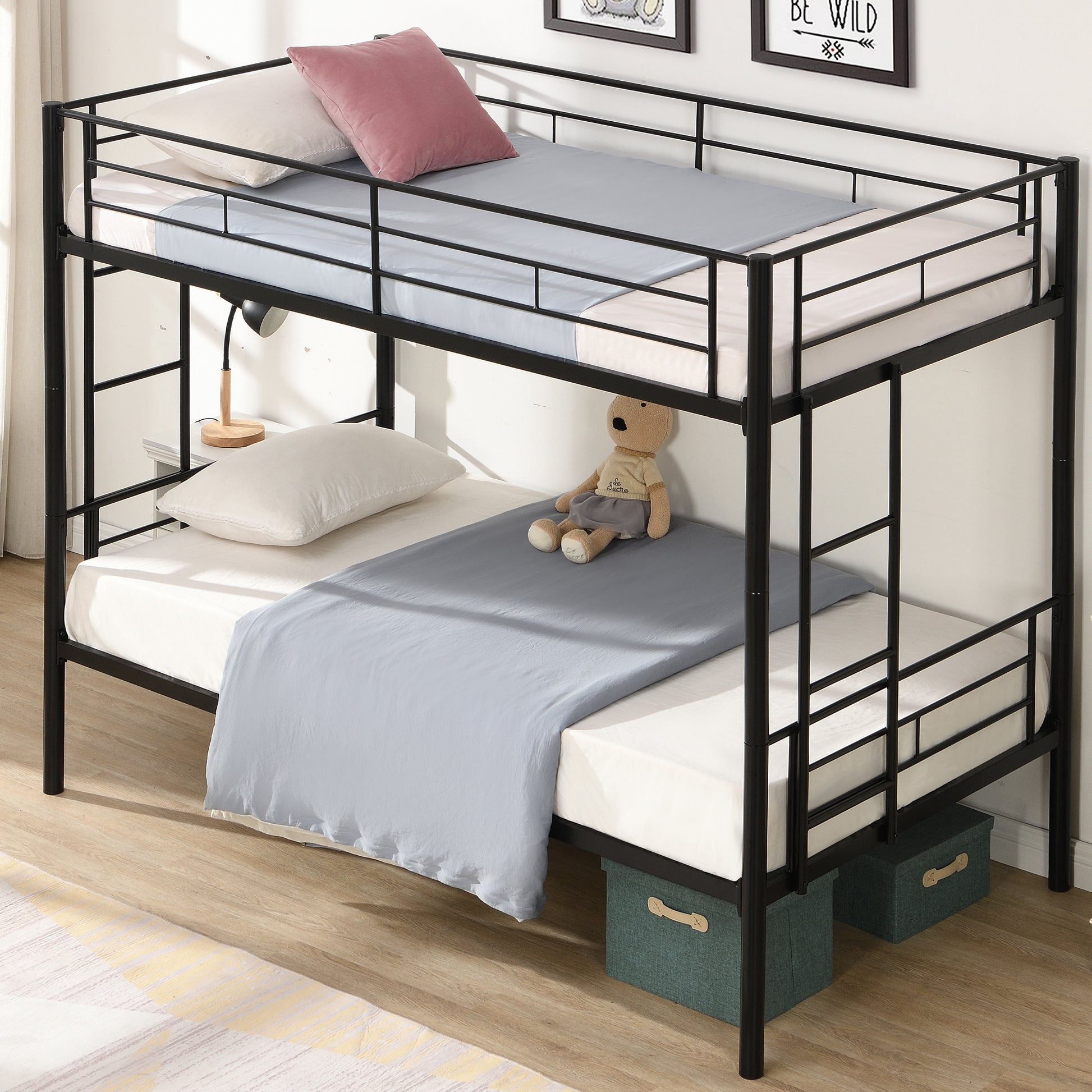 Bunk Bed Twin Over Twin Size With 2 Ladders And Full Length Guardrail, Metal, Storage Space, No Box Spring Needed, Noise Free, Black Box Spring Not Required Twin Black Metal Bedroom Industrial Bunk Metal