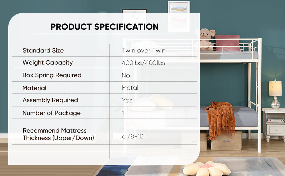 Twin Over Twin Metal Bunk Bed,Metal Structure Bedframe With Safety Guardrails And 2 Ladders,Convertible Bunkbeds,No Spring Box Required And Space Saving Design,White Box Spring Not Required Twin