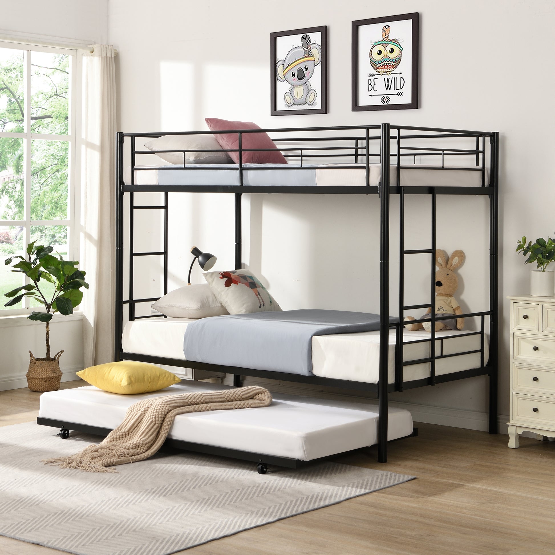 Over Twin Bunk Bed Frame With Trundle,Metal Bunkbed With Sturdy Guard Rail And 2 Sideladders For Kids Adults,Can Be Divided Into Two Beds, No Box Spring Needed, Noise Free For Dorm,Black Box Spring