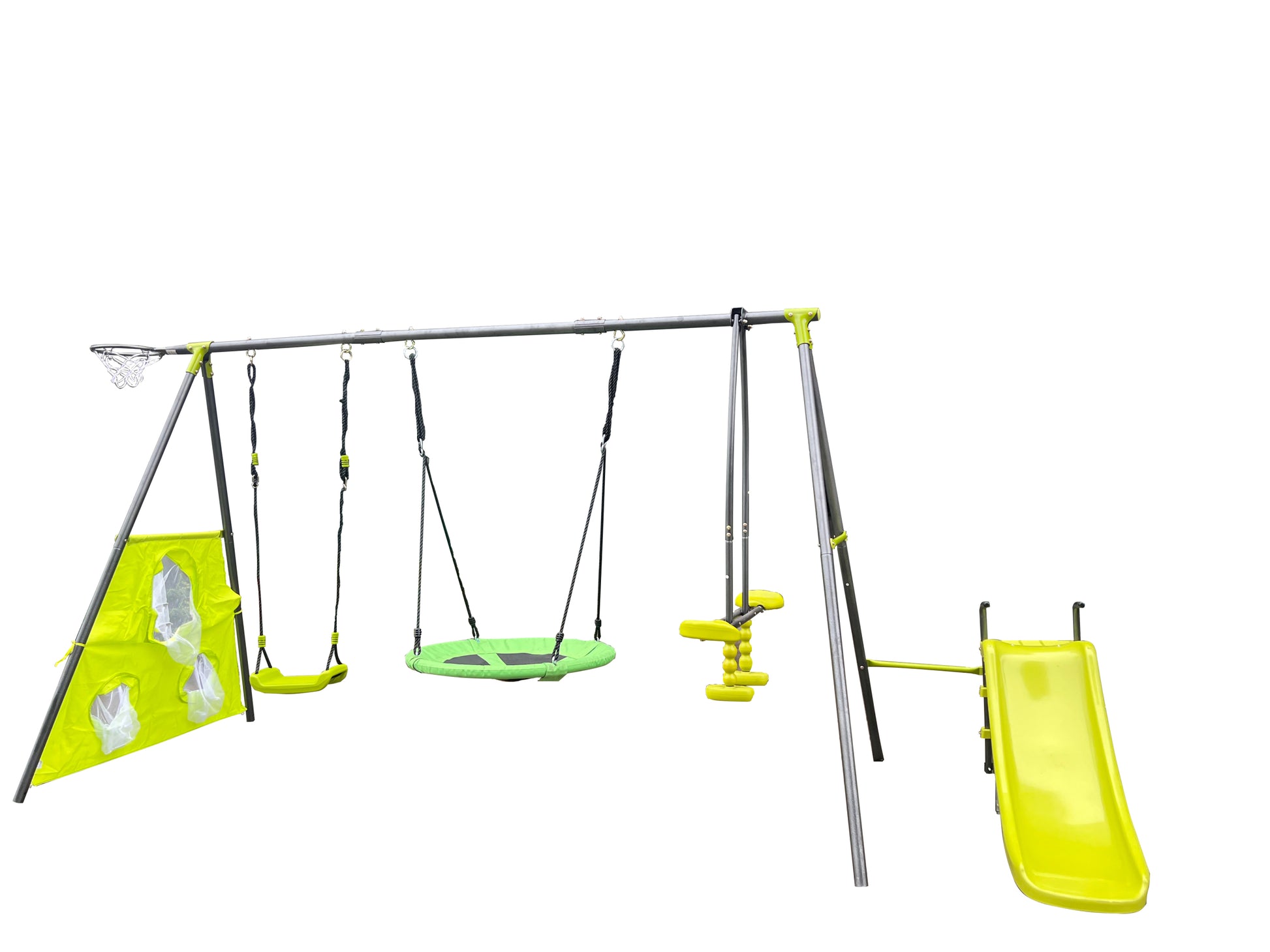 Xns052 Green And Blue Interesting Six Function Swingset With Net Swing Metal Plastic Safe Swing Set 440Lbs For Outdoor Playground For Age 3 With 31.5In Net Swing Green Steel
