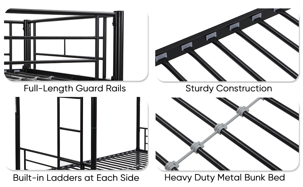 Bunk Bed Twin Over Twin Size With 2 Ladders And Full Length Guardrail, Metal, Storage Space, No Box Spring Needed, Noise Free, Black Box Spring Not Required Twin Black Metal Bedroom Industrial Bunk Metal