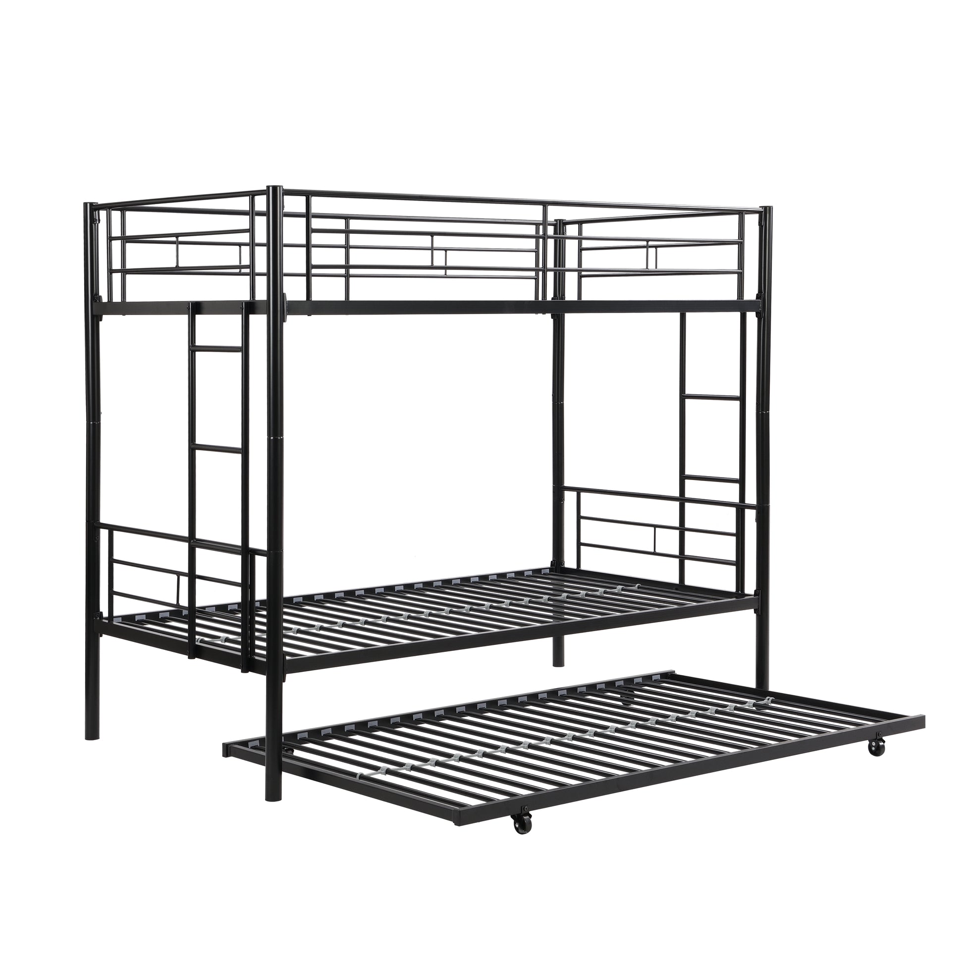 Over Twin Bunk Bed Frame With Trundle,Metal Bunkbed With Sturdy Guard Rail And 2 Sideladders For Kids Adults,Can Be Divided Into Two Beds, No Box Spring Needed, Noise Free For Dorm,Black Box Spring