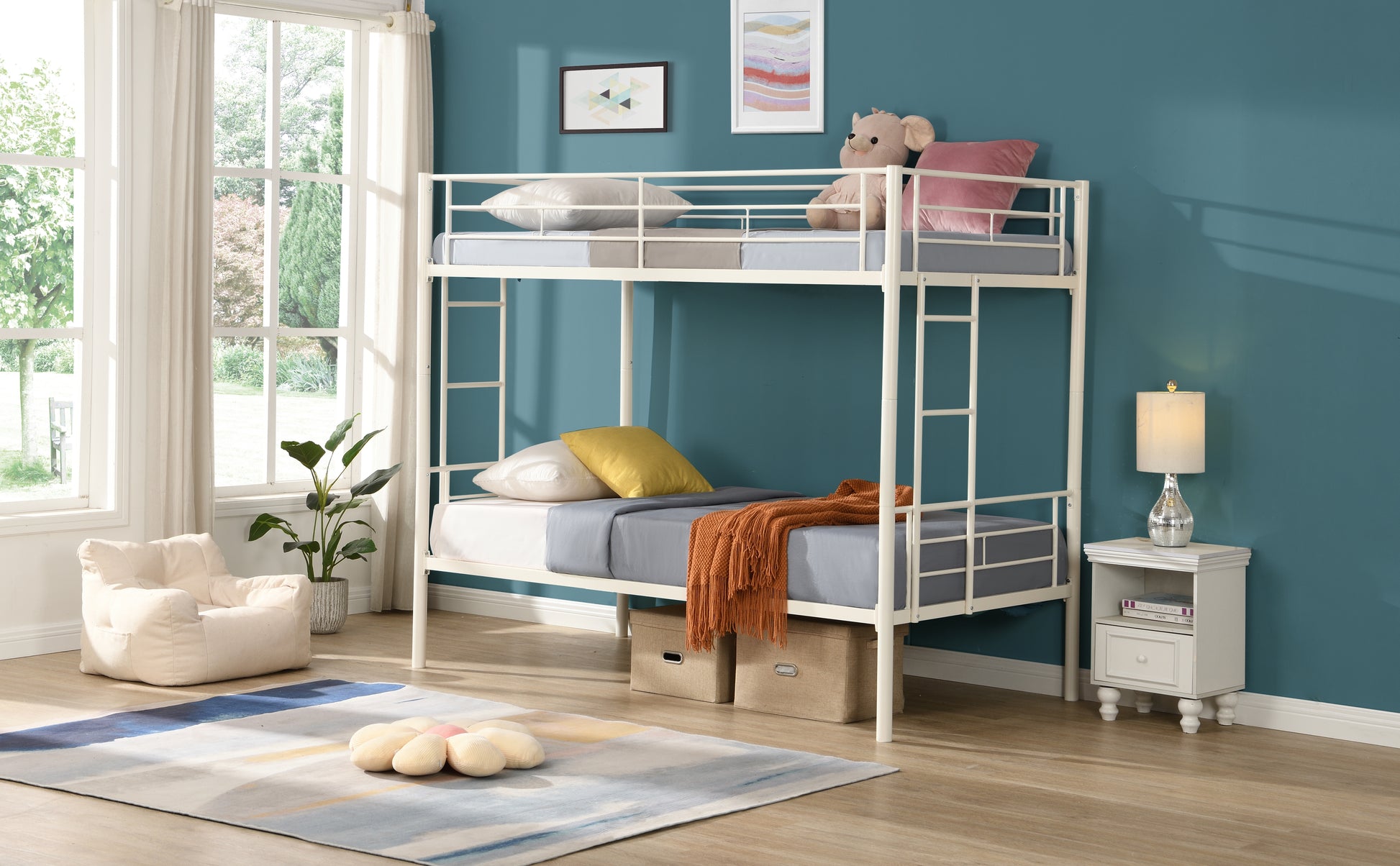 Twin Over Twin Metal Bunk Bed,Metal Structure Bedframe With Safety Guardrails And 2 Ladders,Convertible Bunkbeds,No Spring Box Required And Space Saving Design,White Box Spring Not Required Twin