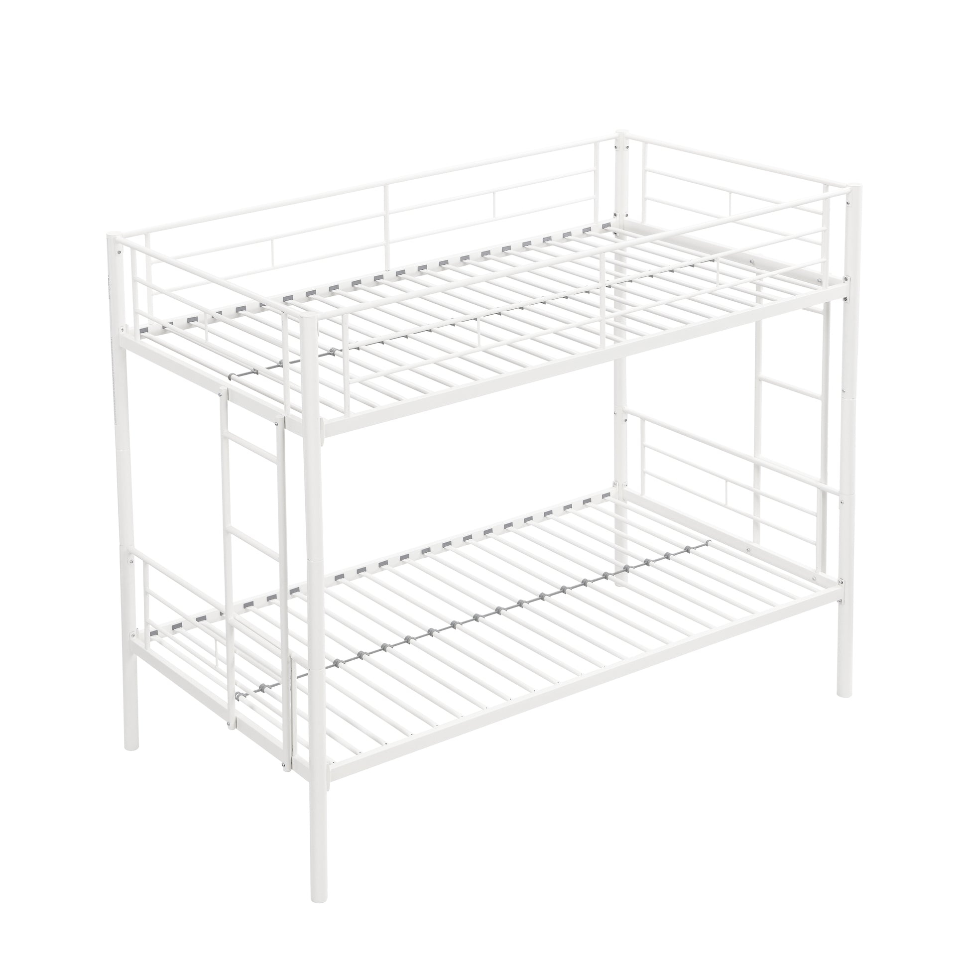 Twin Over Twin Metal Bunk Bed,Metal Structure Bedframe With Safety Guardrails And 2 Ladders,Convertible Bunkbeds,No Spring Box Required And Space Saving Design,White Box Spring Not Required Twin