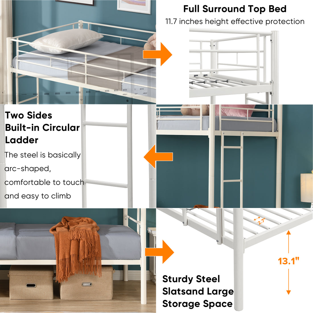 Twin Over Twin Metal Bunk Bed,Metal Structure Bedframe With Safety Guardrails And 2 Ladders,Convertible Bunkbeds,No Spring Box Required And Space Saving Design,White Box Spring Not Required Twin