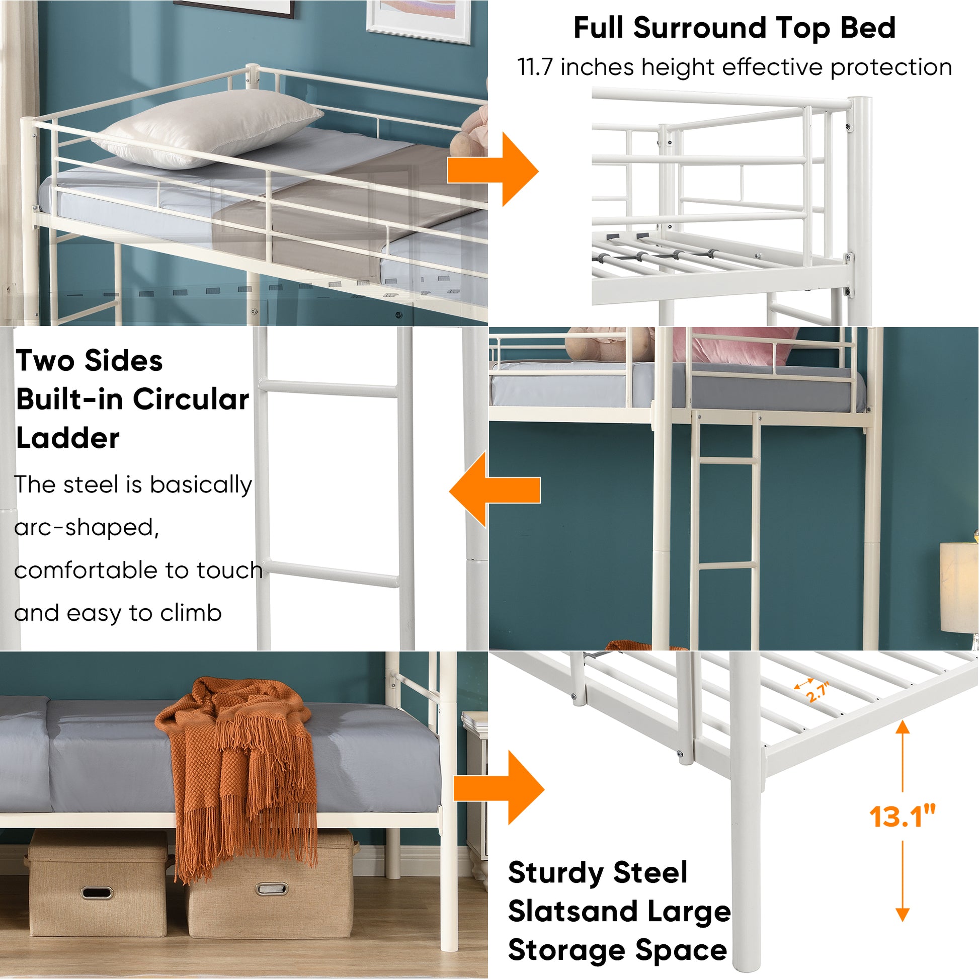 Twin Over Twin Metal Bunk Bed,Metal Structure Bedframe With Safety Guardrails And 2 Ladders,Convertible Bunkbeds,No Spring Box Required And Space Saving Design,White Box Spring Not Required Twin