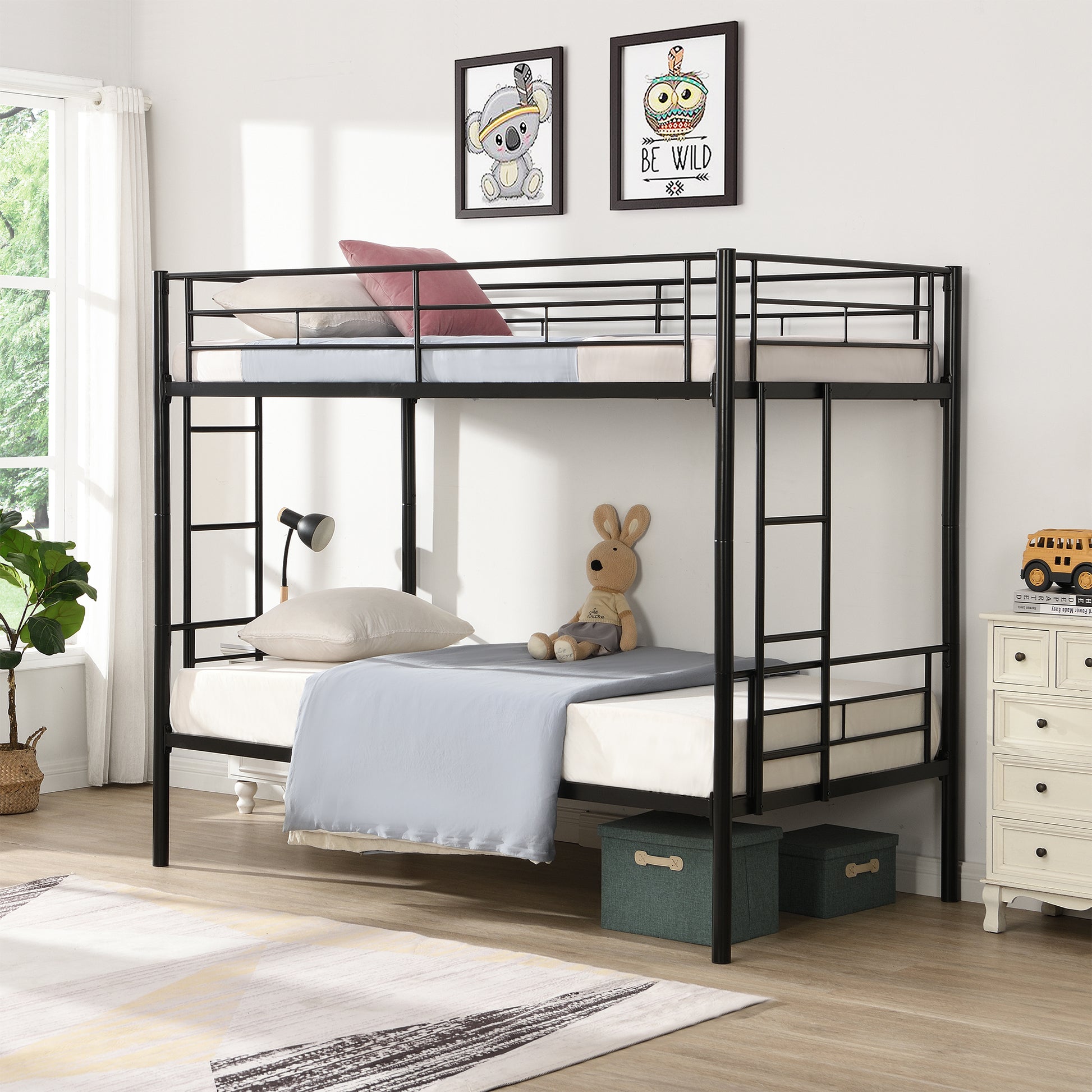 Bunk Bed Twin Over Twin Size With 2 Ladders And Full Length Guardrail, Metal, Storage Space, No Box Spring Needed, Noise Free, Black Box Spring Not Required Twin Black Metal Bedroom Industrial Bunk Metal