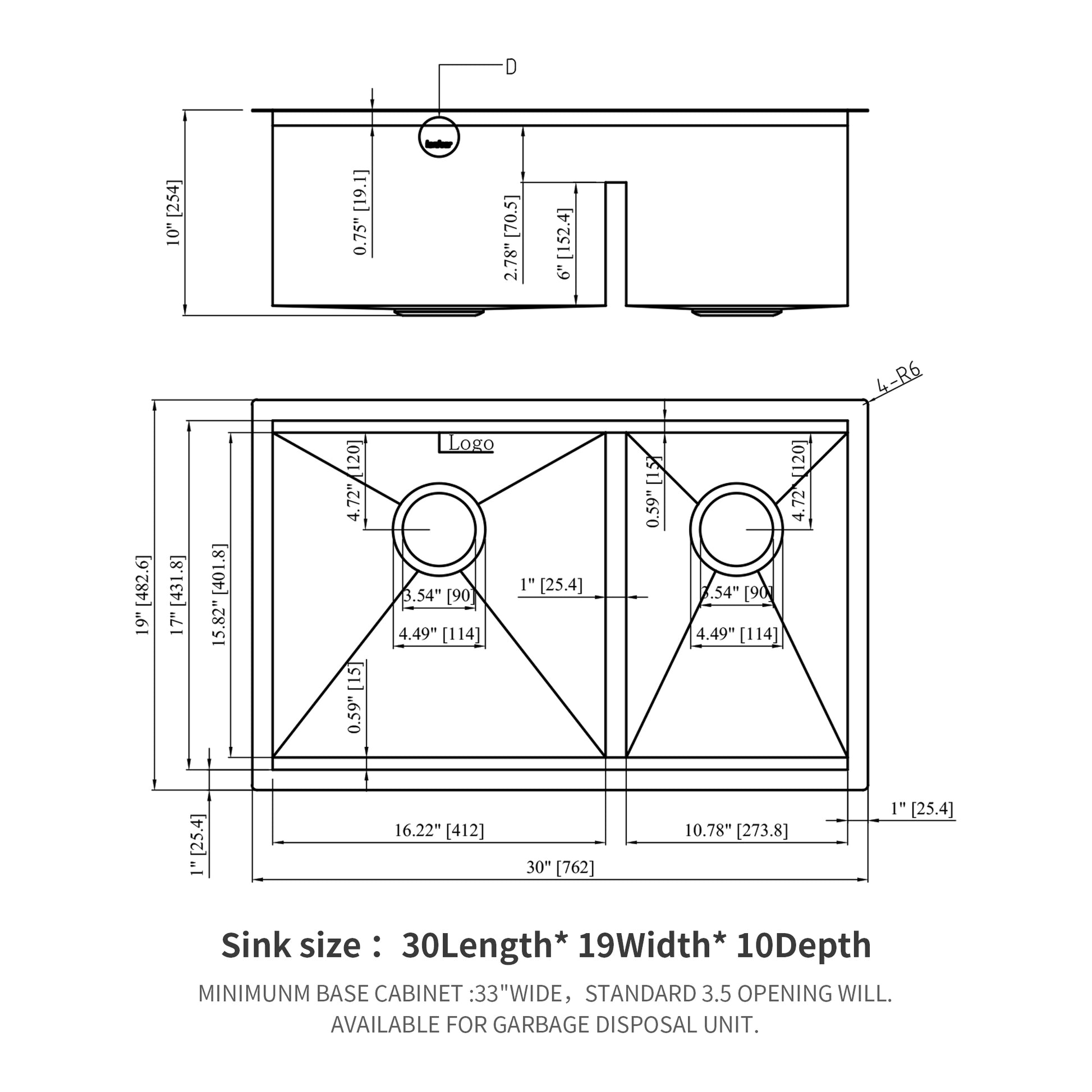 Double Bowl 60 40 Undermount Sink 30"X19" Double Bowl Kitchen Sink 16 Gauge With Two 10" Deep Basin Brushed Nickel Stainless Steel