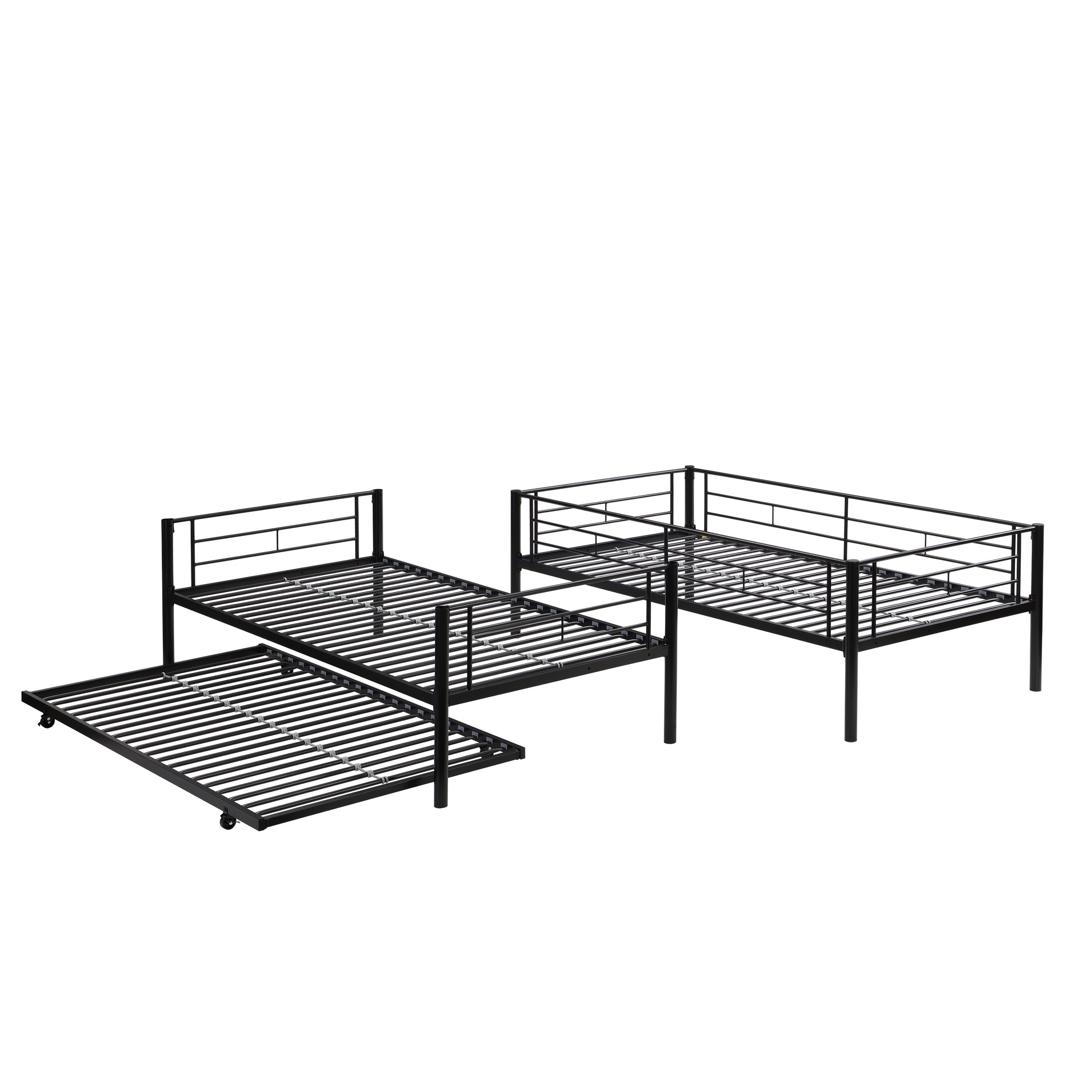 Over Twin Bunk Bed Frame With Trundle,Metal Bunkbed With Sturdy Guard Rail And 2 Sideladders For Kids Adults,Can Be Divided Into Two Beds, No Box Spring Needed, Noise Free For Dorm,Black Box Spring