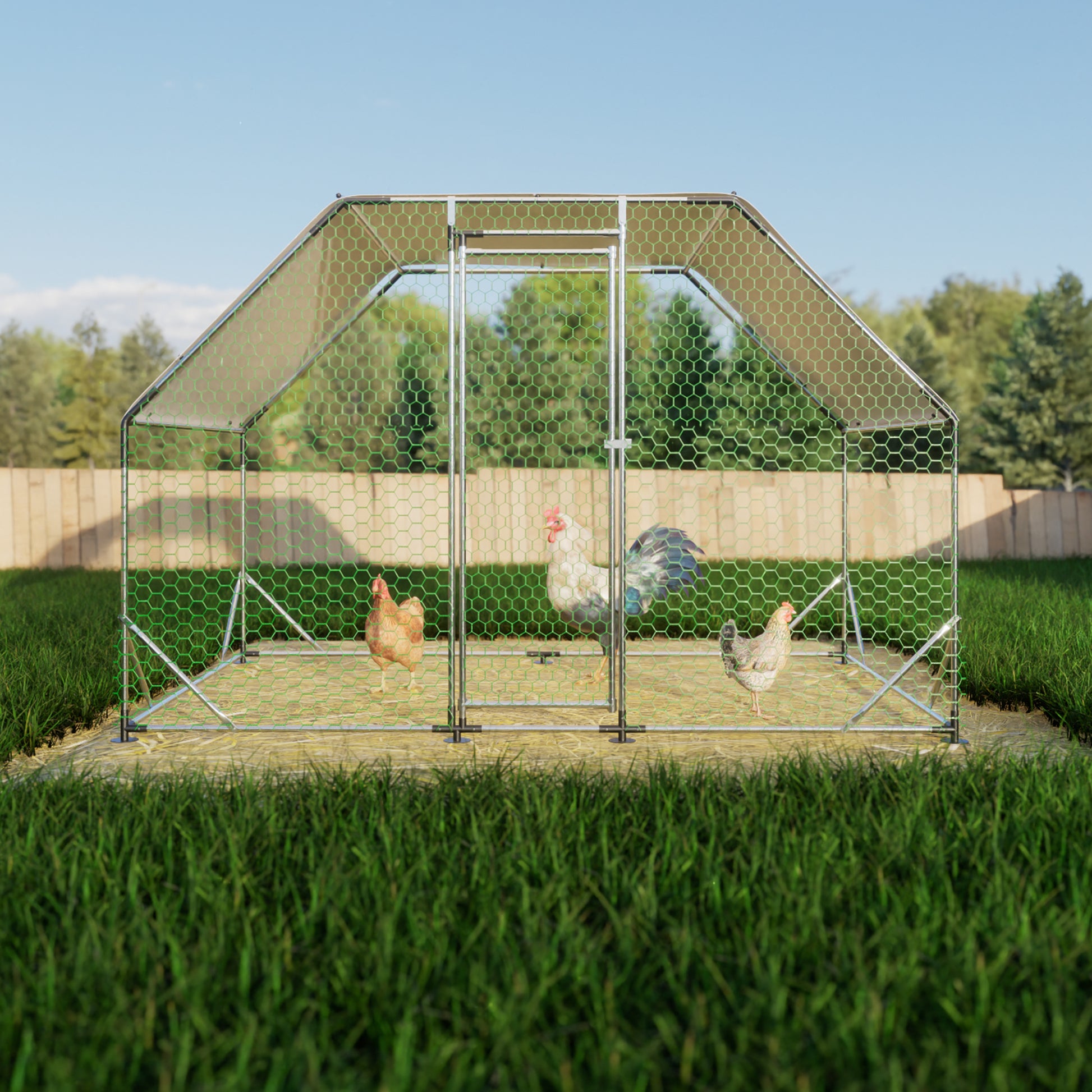 Metal Large Chicken Coop Walk In Poultry Cage Run Flat Shaped With Waterproof 9.94'L X 6.46'W X 6.36'Ft Silver Iron