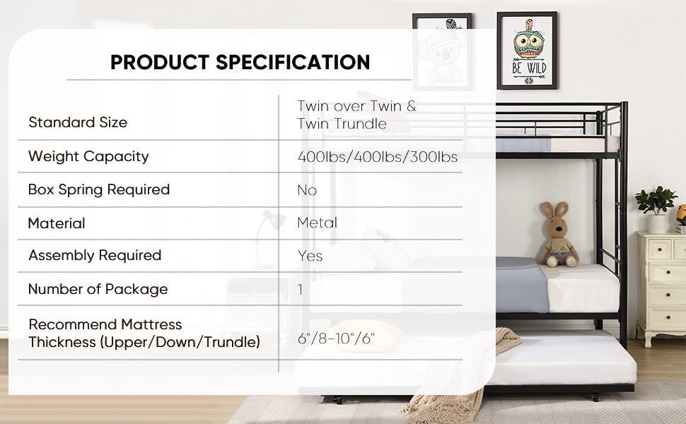 Over Twin Bunk Bed Frame With Trundle,Metal Bunkbed With Sturdy Guard Rail And 2 Sideladders For Kids Adults,Can Be Divided Into Two Beds, No Box Spring Needed, Noise Free For Dorm,Black Box Spring