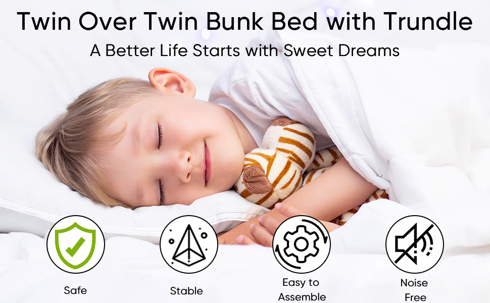 Over Twin Bunk Bed Frame With Trundle,Metal Bunkbed With Sturdy Guard Rail And 2 Sideladders For Kids Adults,Can Be Divided Into Two Beds, No Box Spring Needed, Noise Free For Dorm,Black Box Spring