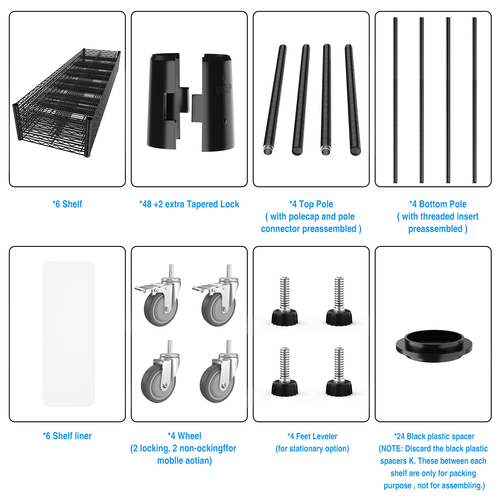 6 Tier Wire Shelving Unit, 6000 Lbs Nsf Height Adjustable Metal Garage Storage Shelves With Wheels, Heavy Duty Storage Wire Rack Metal Shelves Black 186082 Black Iron Plastic