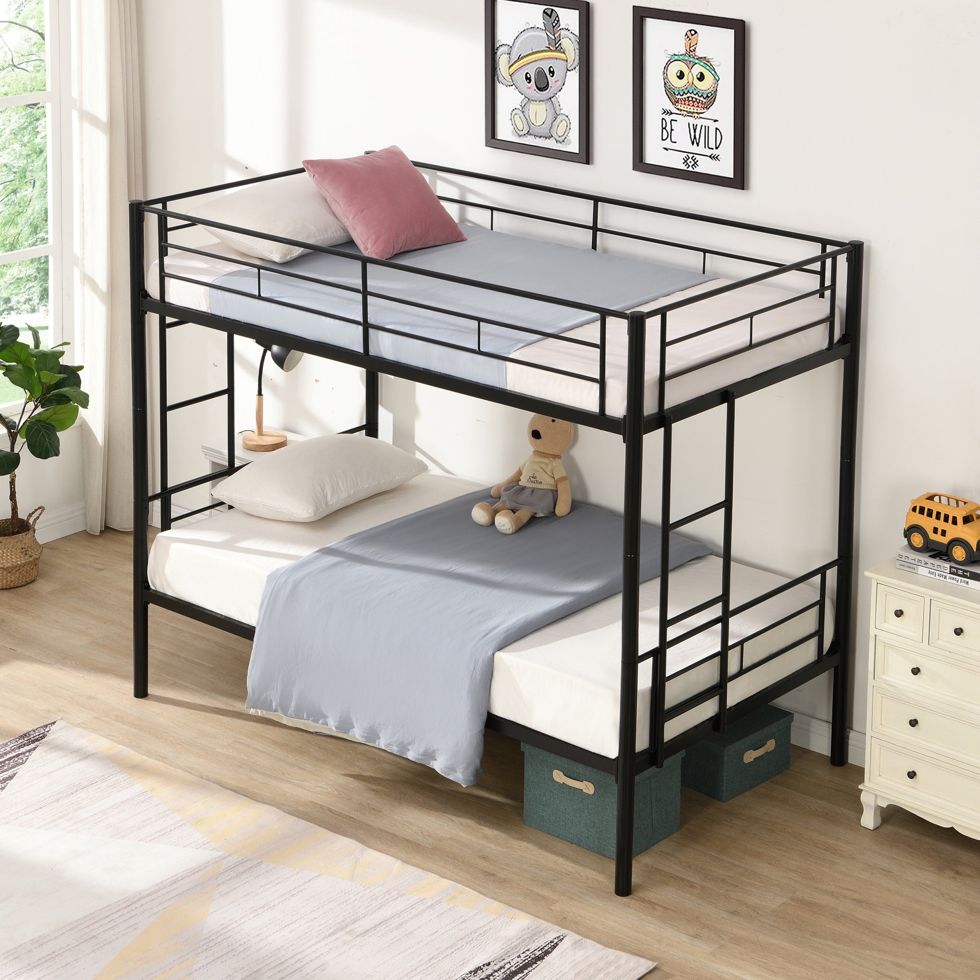 Bunk Bed Twin Over Twin Size With 2 Ladders And Full Length Guardrail, Metal, Storage Space, No Box Spring Needed, Noise Free, Black Box Spring Not Required Twin Black Metal Bedroom Industrial Bunk Metal