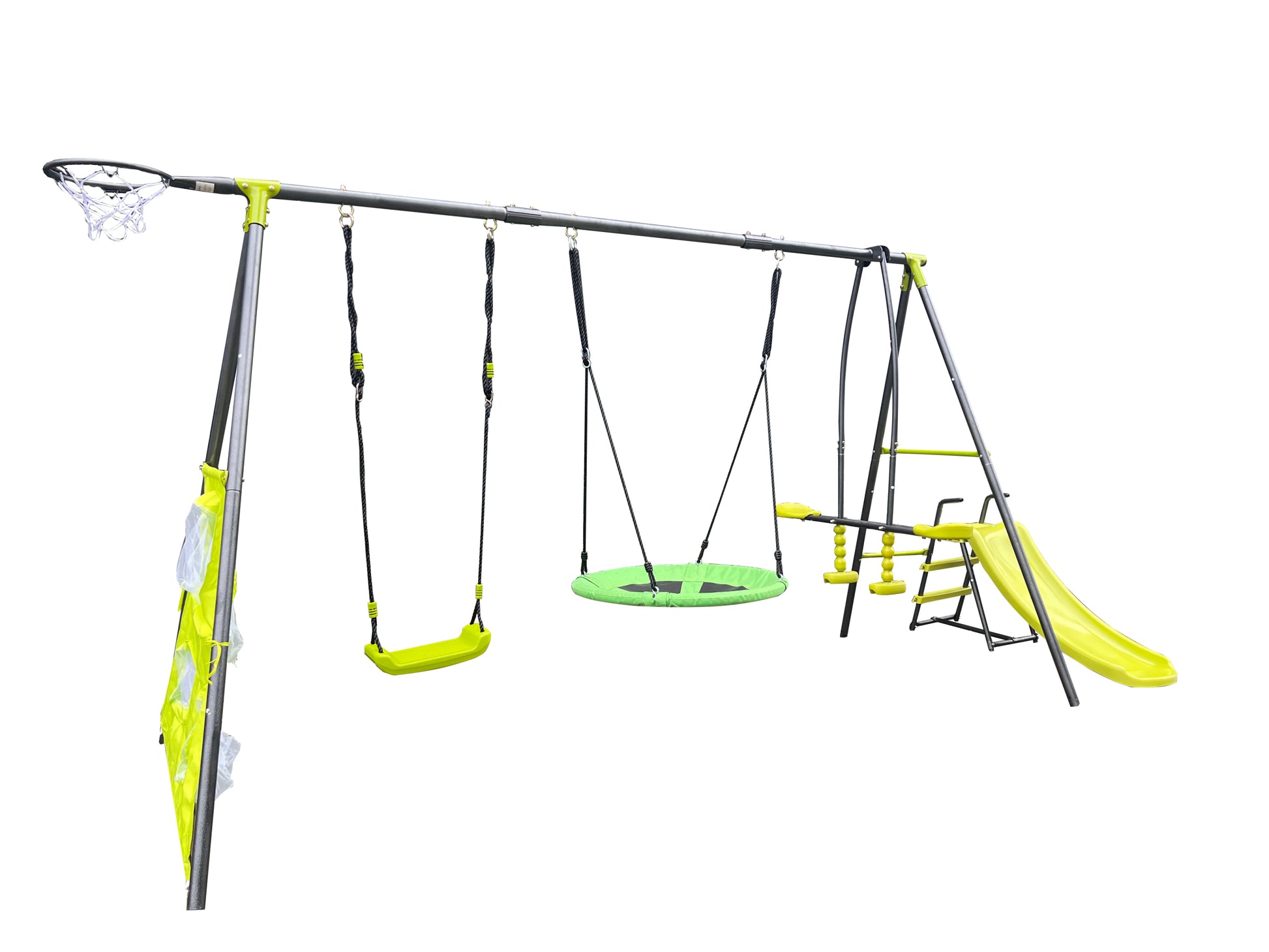 Xns052 Green And Blue Interesting Six Function Swingset With Net Swing Metal Plastic Safe Swing Set 440Lbs For Outdoor Playground For Age 3 With 31.5In Net Swing Green Steel