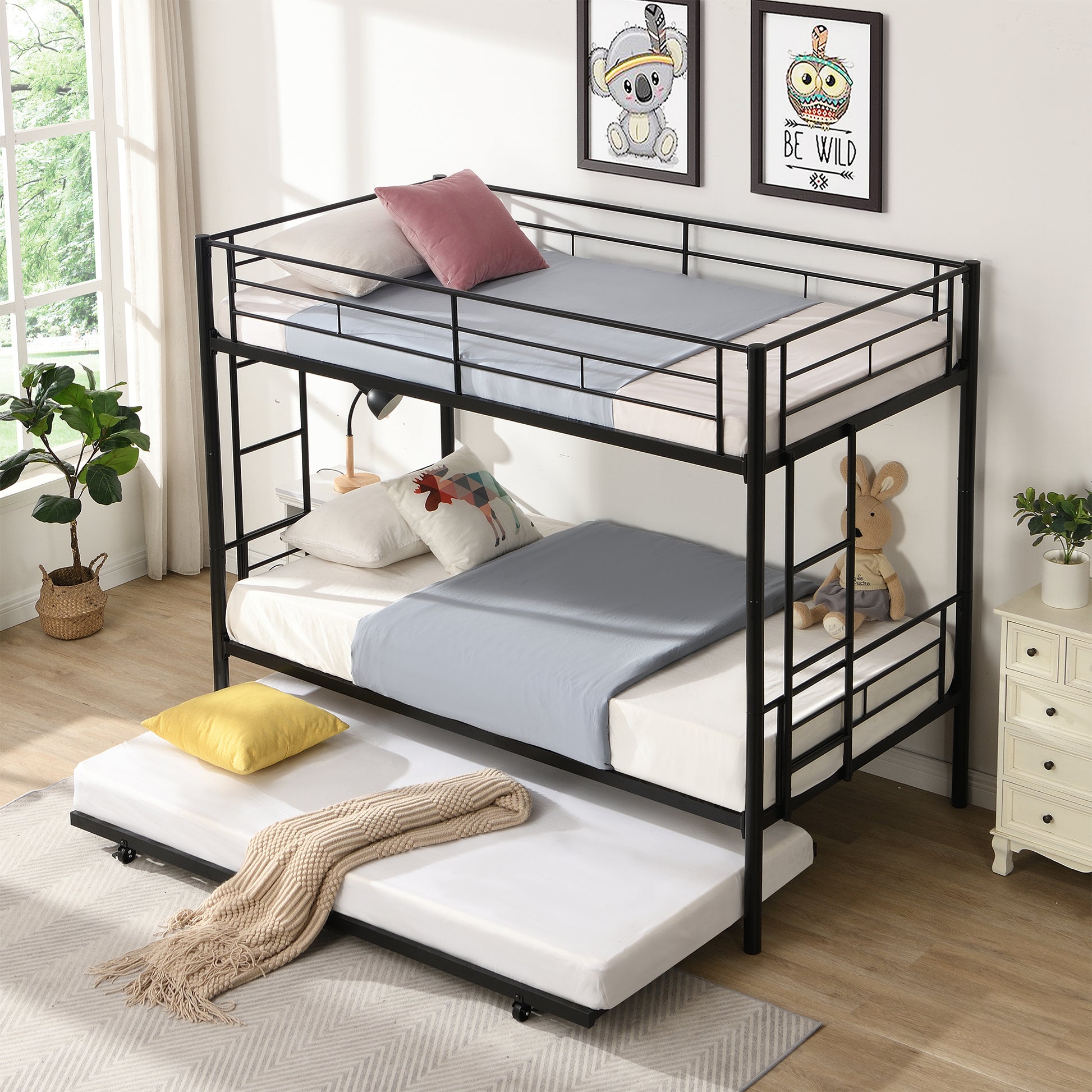 Over Twin Bunk Bed Frame With Trundle,Metal Bunkbed With Sturdy Guard