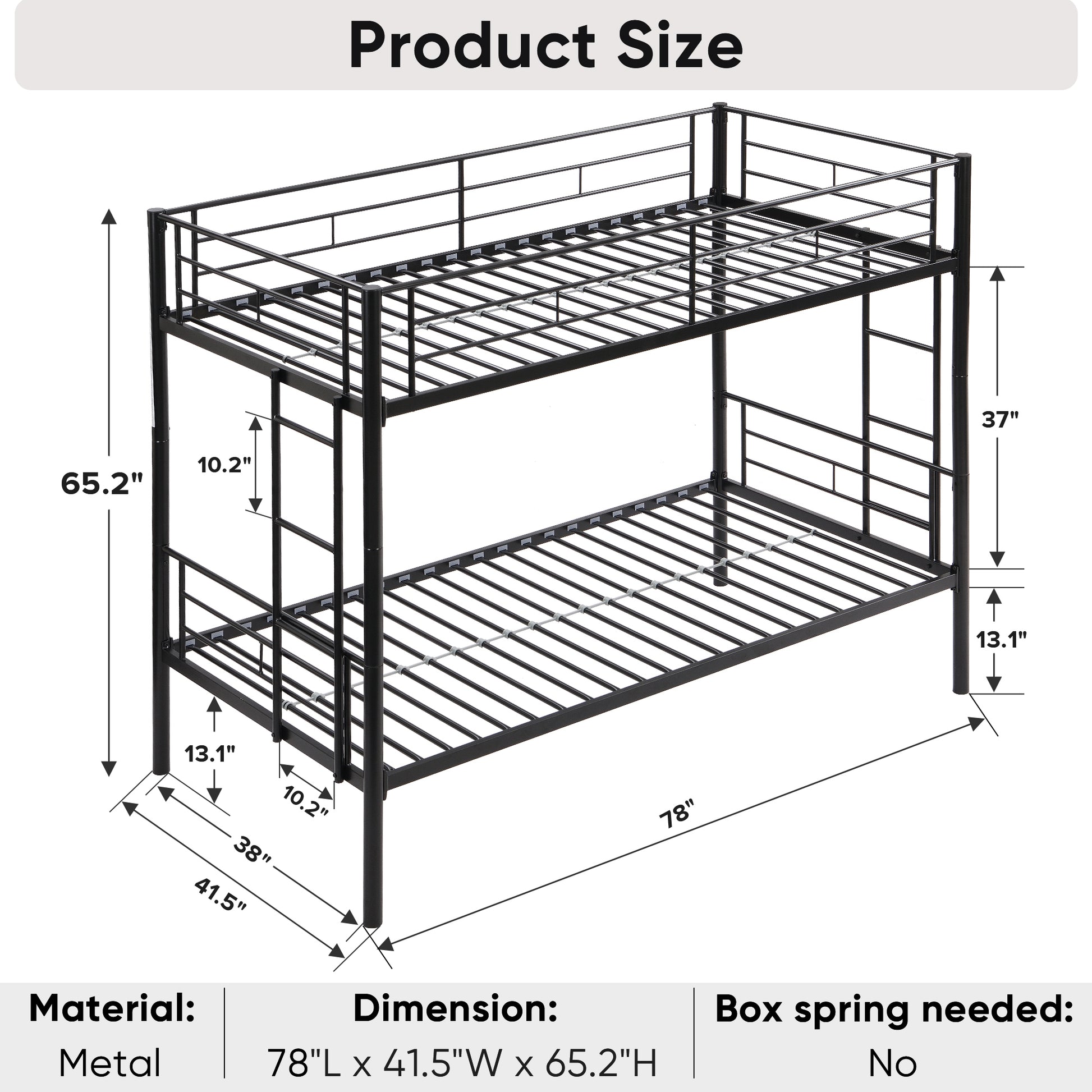 Bunk Bed Twin Over Twin Size With 2 Ladders And Full Length Guardrail, Metal, Storage Space, No Box Spring Needed, Noise Free, Black Box Spring Not Required Twin Black Metal Bedroom Industrial Bunk Metal