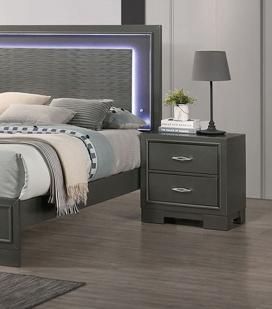 Metallic Gray Color Nightstand Bedroom 1Pc Nightstand Solid Wood Acrylic Hardware 2 Drawers Bedside Table Metallic Grey Gray 2 Drawers Bedroom Bedside Cabinet Classic,Contemporary,Modern Rubberwood Drawers Solid Wood