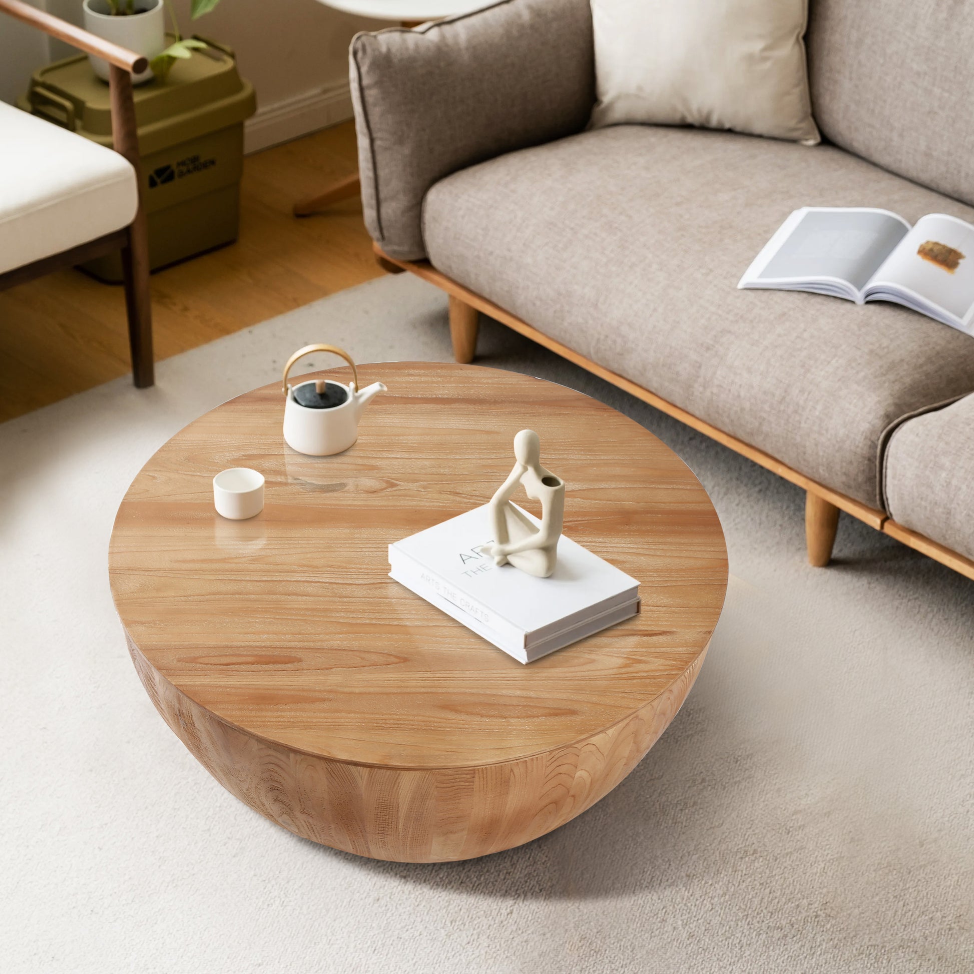 35.43"Vintage Style Bucket Shaped Coffee Table For Office, Dining Room And Living Room,Natural Natural Solid Wood Mdf