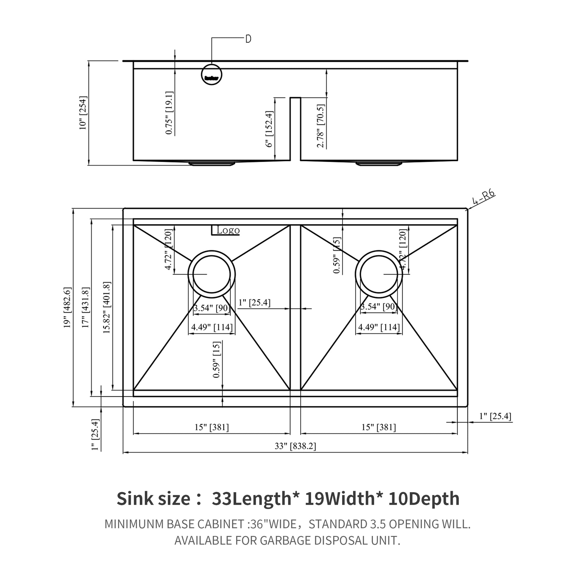 Double Bowl 50 50 Undermount Kitchen Sink 33"X19" Stainless Steel 16 Gauge With Two 10" Deep Basin Brushed Nickel Stainless Steel