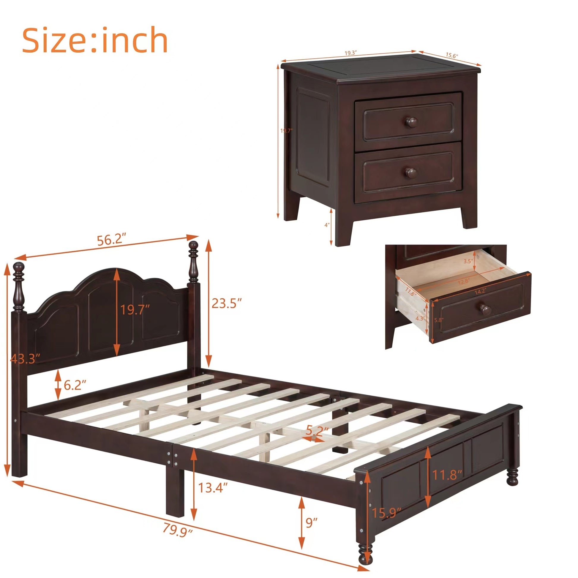 3 Pieces Bedroom Sets,Full Size Wood Platform Bed And Two Nightstands Dark Walnut Walnut Wood