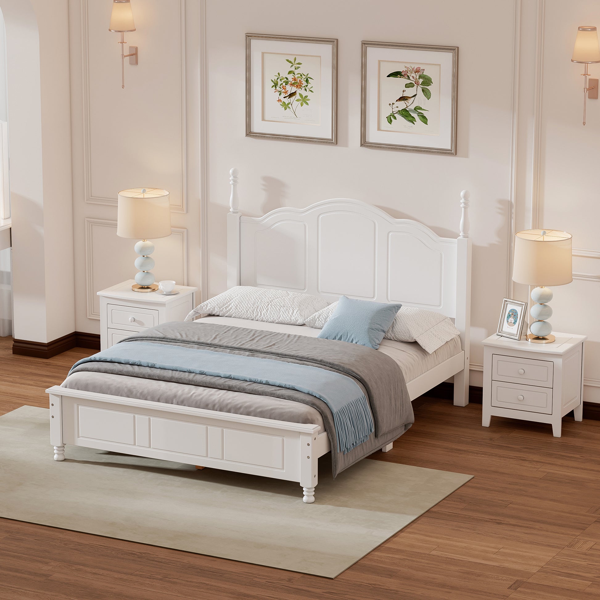 3 Pieces Bedroom Sets,Full Size Wood Platform Bed And Two Nightstands White White Wood