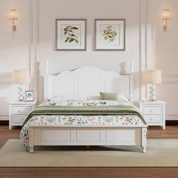 3 Pieces Bedroom Sets,Queen Size Wood Platform Bed And Two Nightstands White White Wood