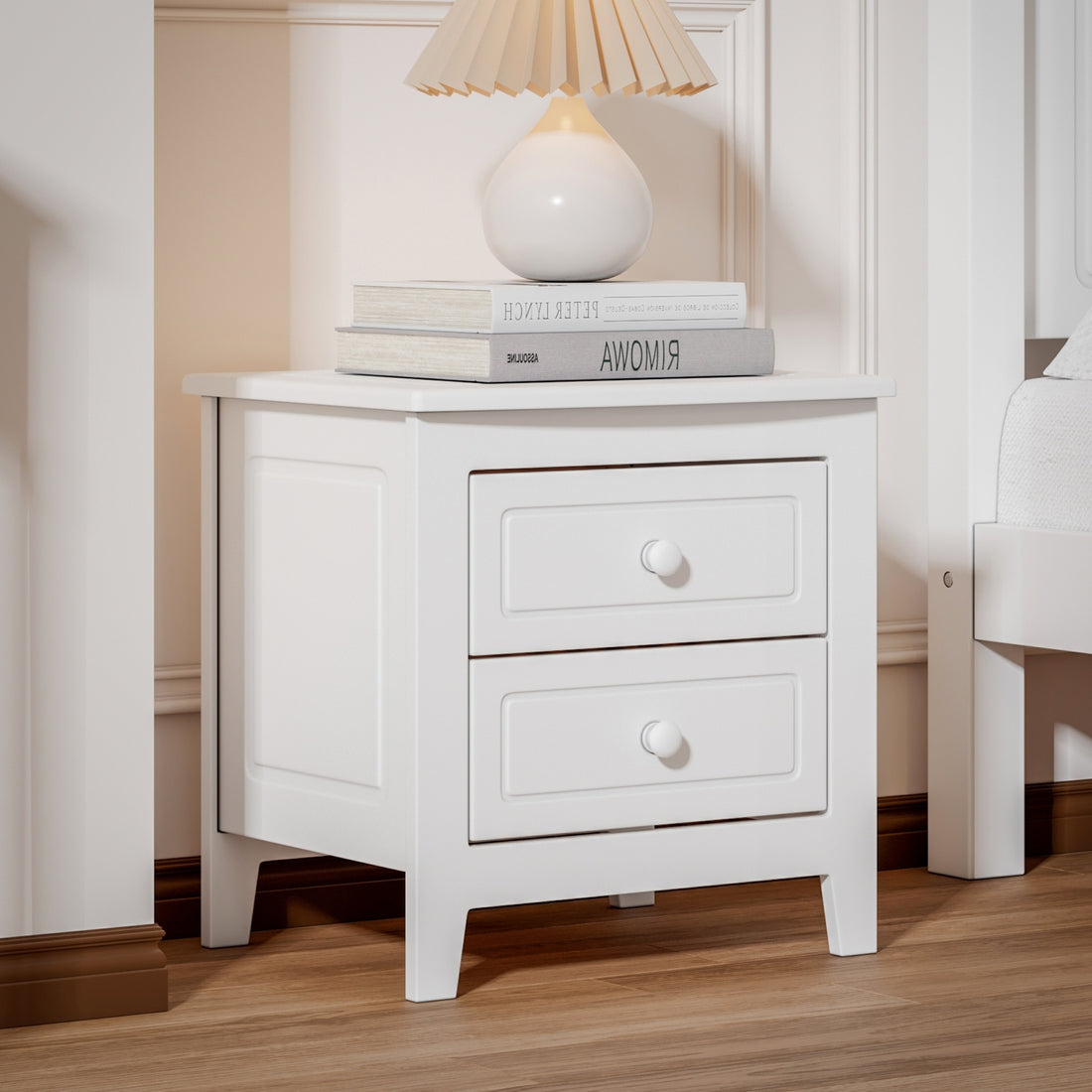 2 Drawer Nightstand For Bedroom, Mid Century Retro Bedside Table With Classic Design,White White Wood